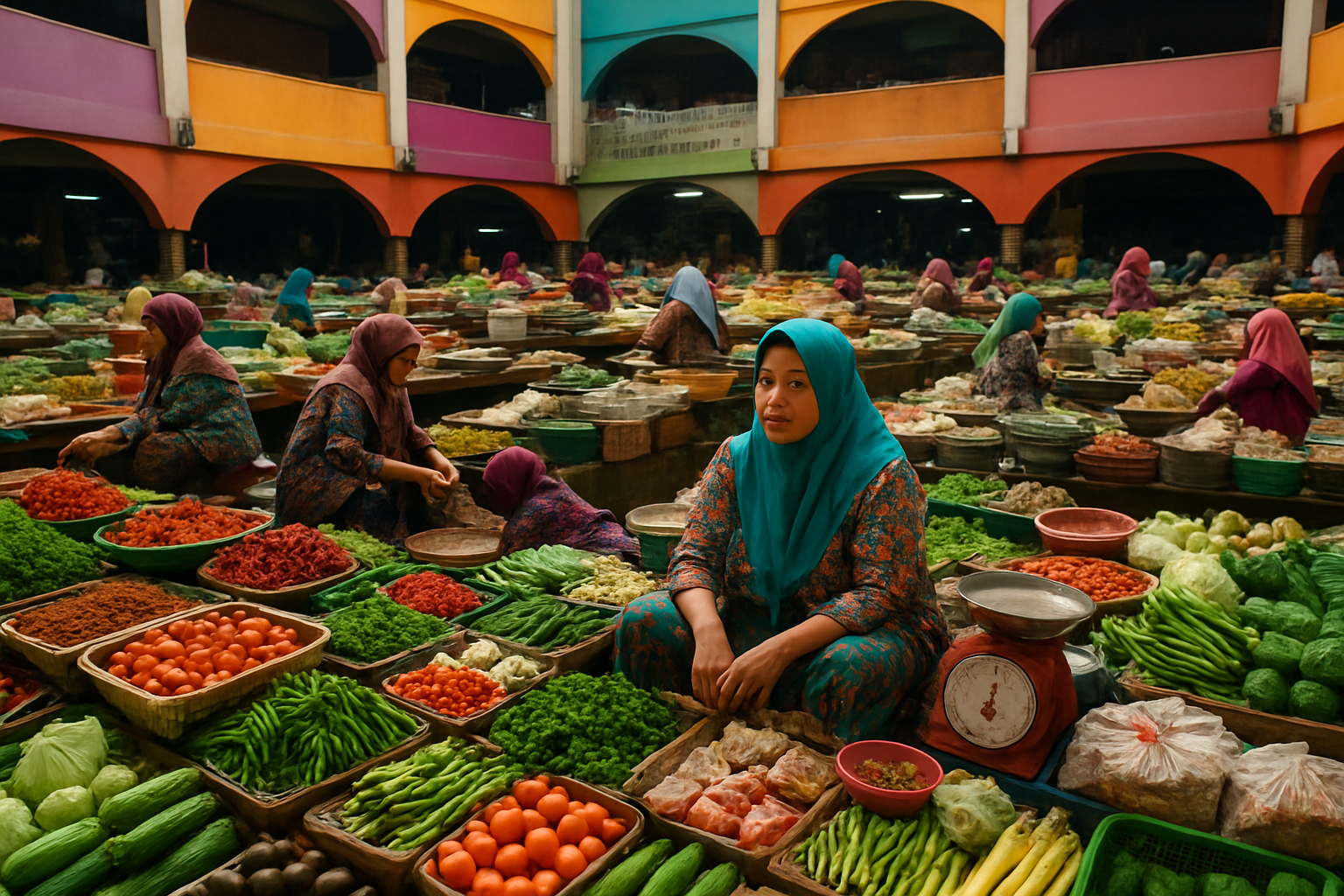 Pasar Besar Siti Khadijah Kota Bharu women traders colourful market morning Kelantan Malaysia