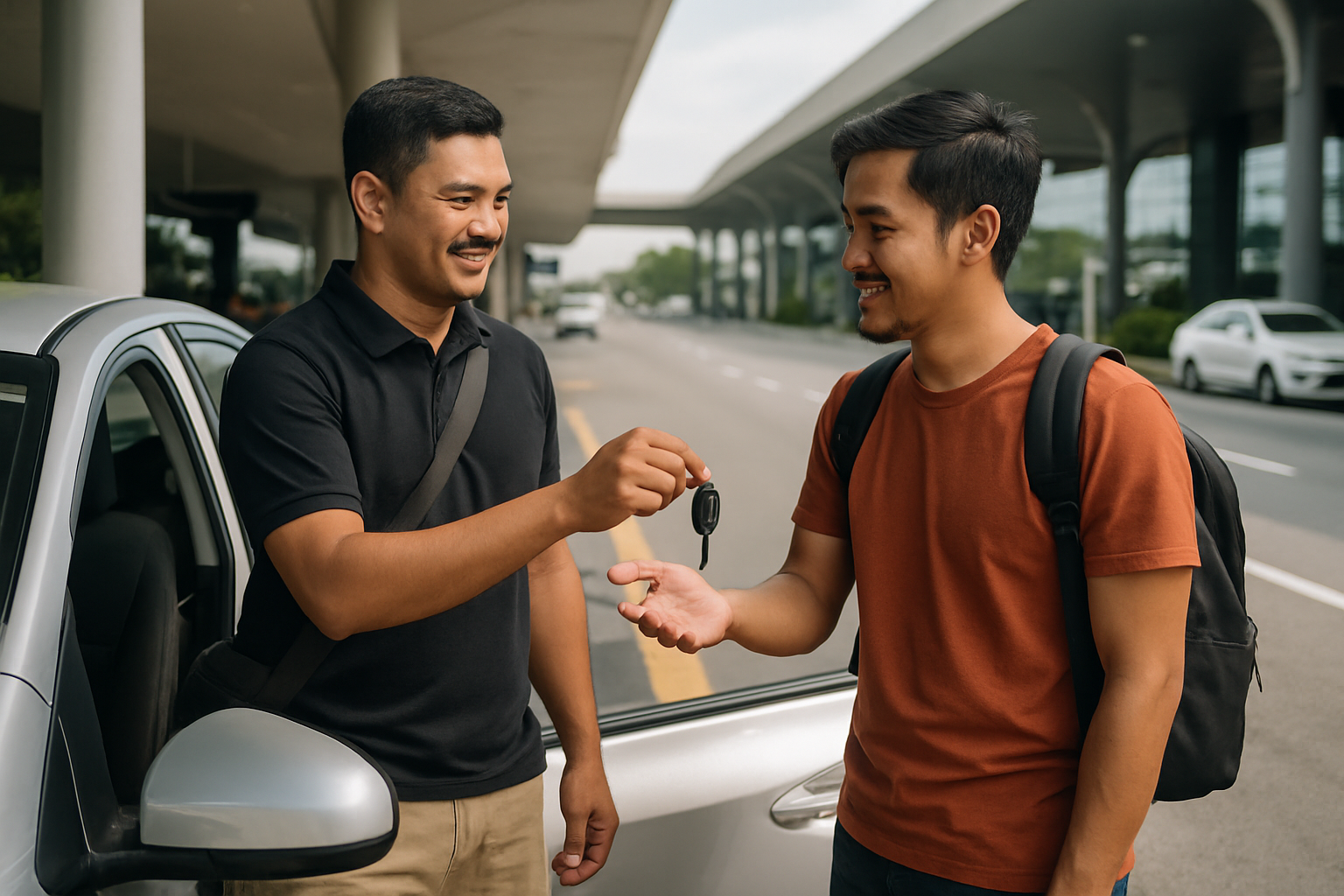car rental operator handing car keys to customer at airport kerbside outdoor meet and greet Malaysia
