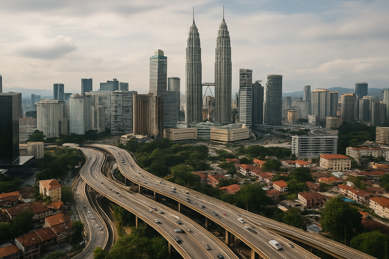 Kuala Lumpur KLCC Petronas Twin Towers highway interchange aerial view daytime Malaysia