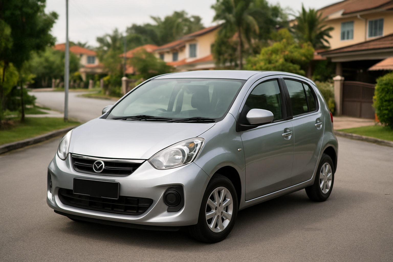 Perodua Myvi compact hatchback parked Malaysia suburban street clean unmodified