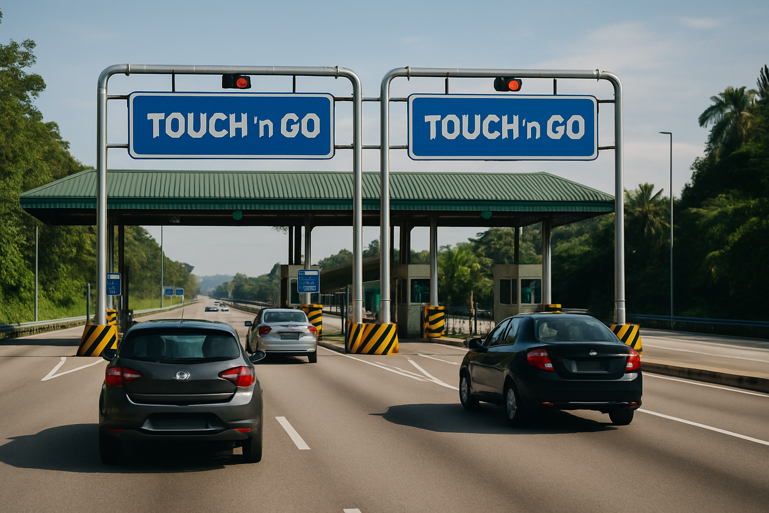 Malaysian highway PLUS tollway with Touch n Go gantry daytime clear weather Peninsular Malaysia