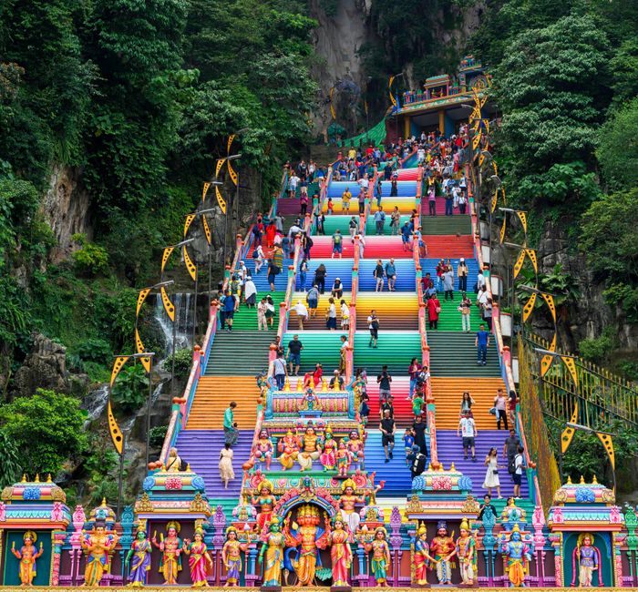Batu Caves temple colourful steps Kuala Lumpur Deepavali festive decorations