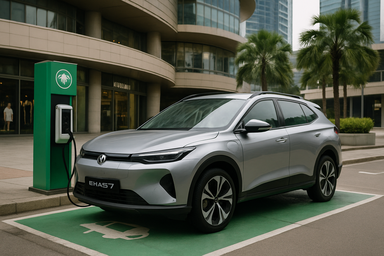 Proton e.MAS 7 electric SUV parked at modern Malaysian shopping mall EV charging bay Kuala Lumpur
