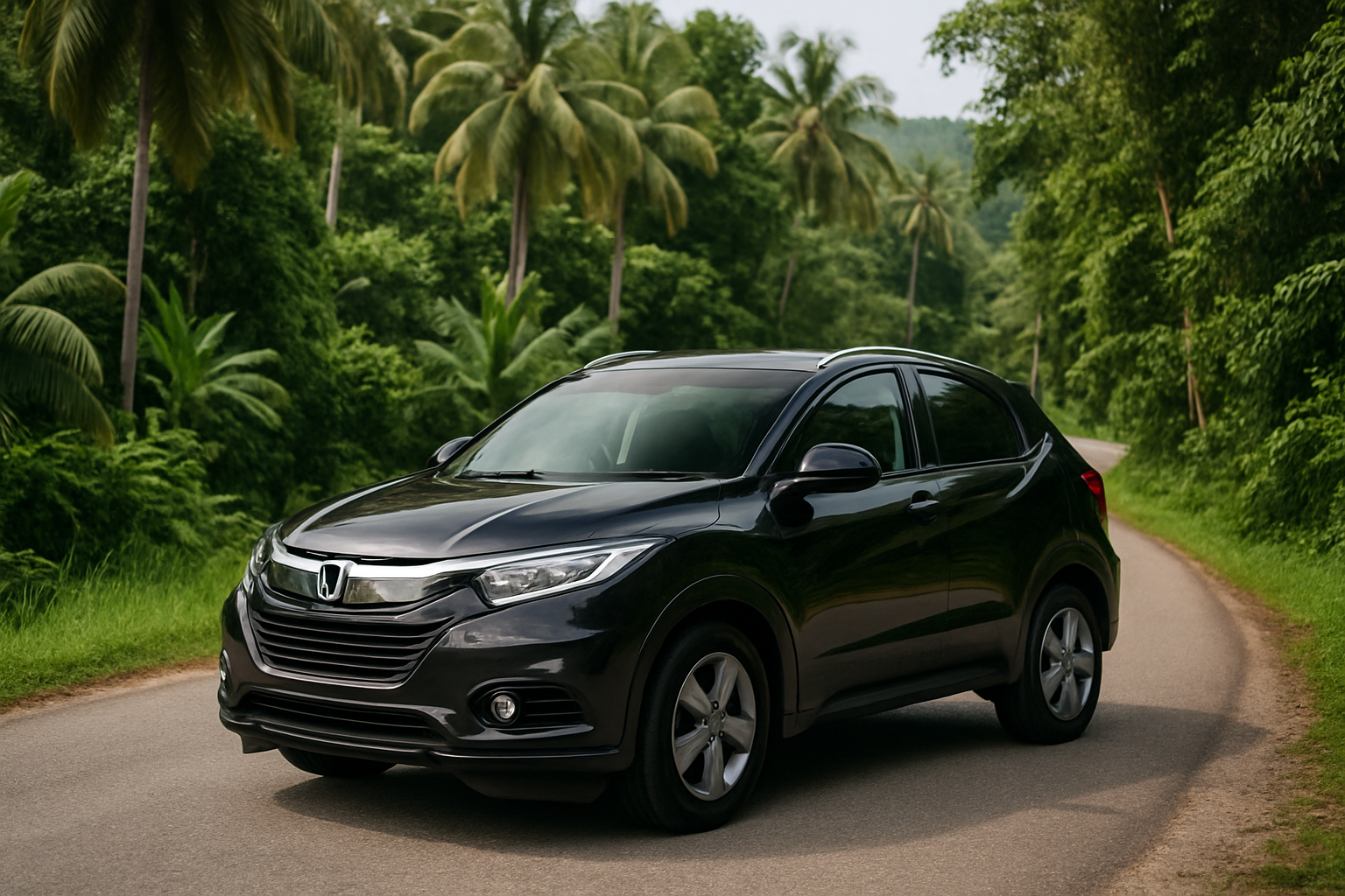 black Honda HR-V SUV parked on tropical road Malaysia lush greenery