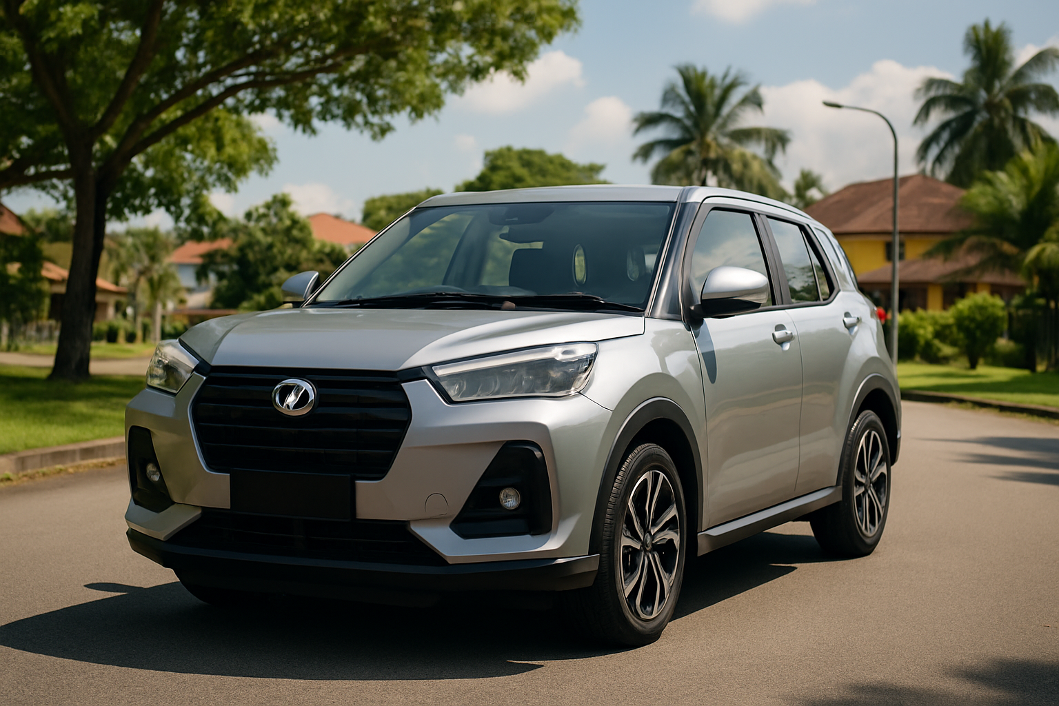 silver Perodua Ativa crossover SUV Malaysian suburban road sunny day