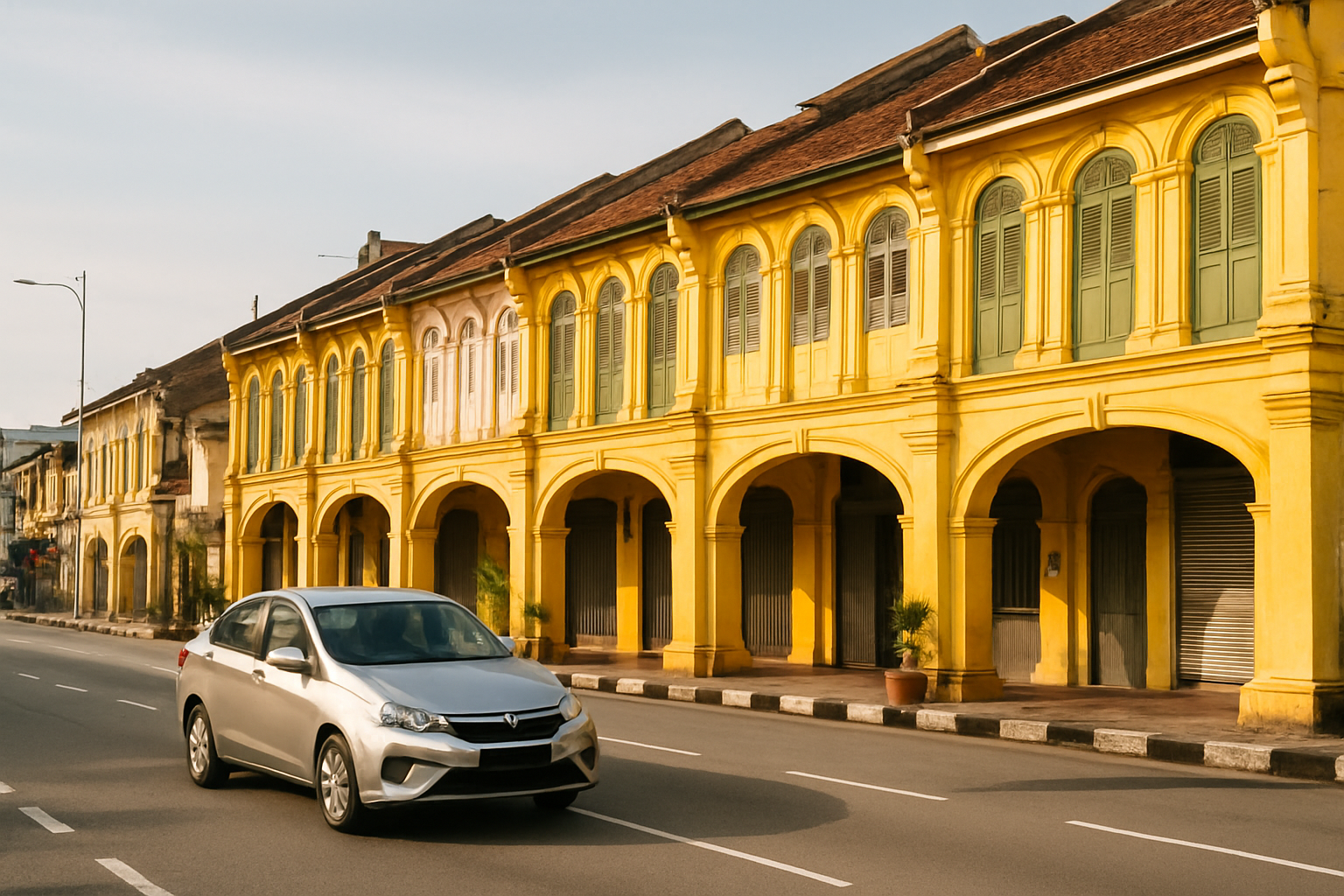Ipoh Old Town yellow colonial shophouses heritage street Perak Malaysia morning