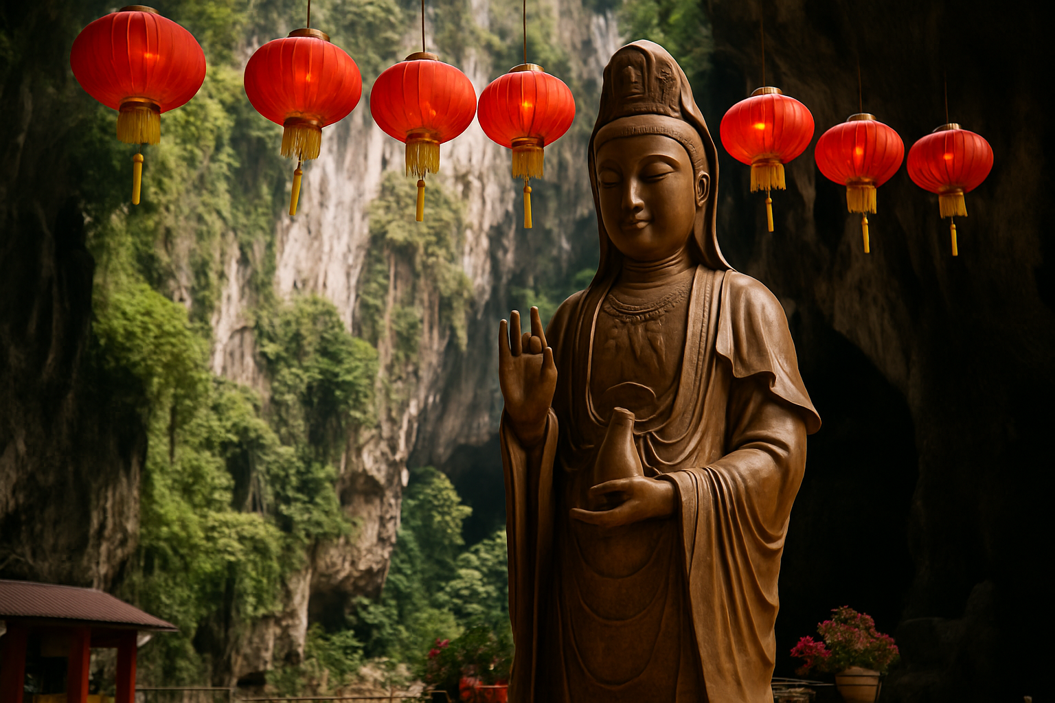 Guanyin statue Chinese cave temple red lanterns limestone karst Malaysia