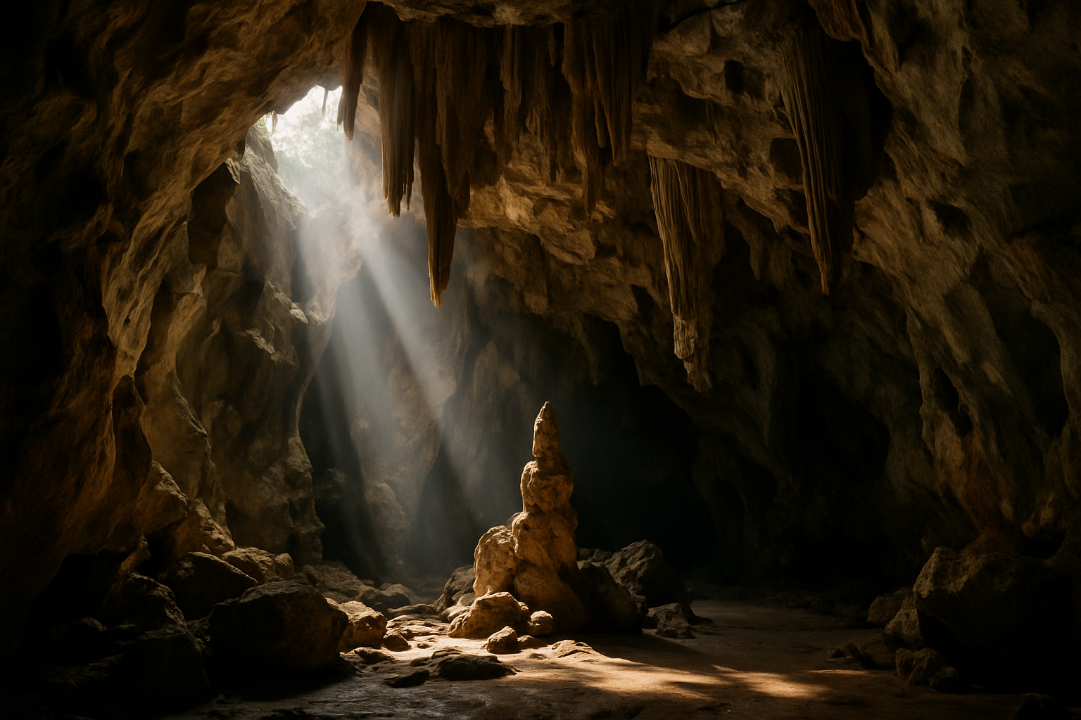 Ipoh limestone cave interior stalactites cavern dramatic natural light Malaysia