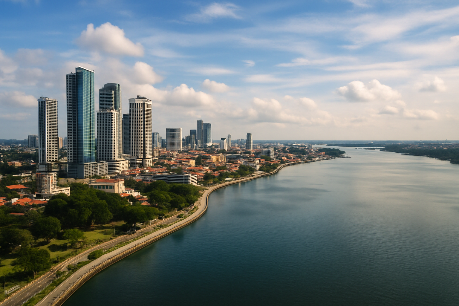 Johor Bahru city waterfront skyline Straits of Johor aerial panoramic view Malaysia