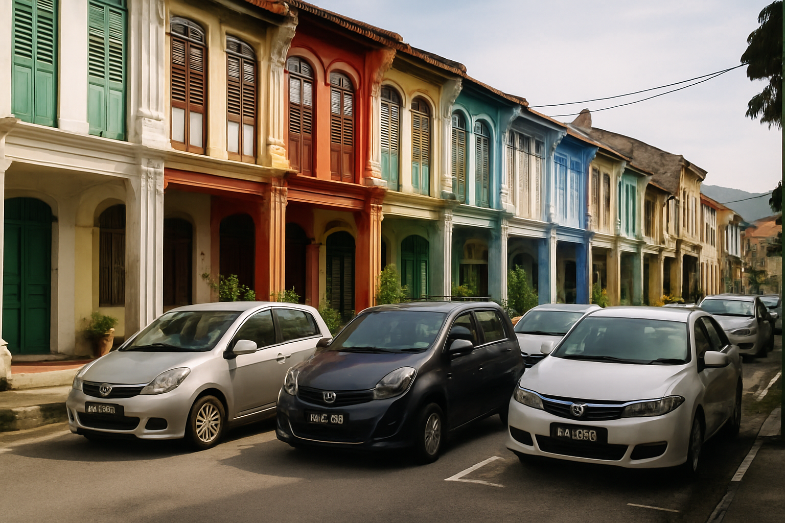 Malaysian shophouse street scene with parked cars colourful heritage buildings Penang George Town