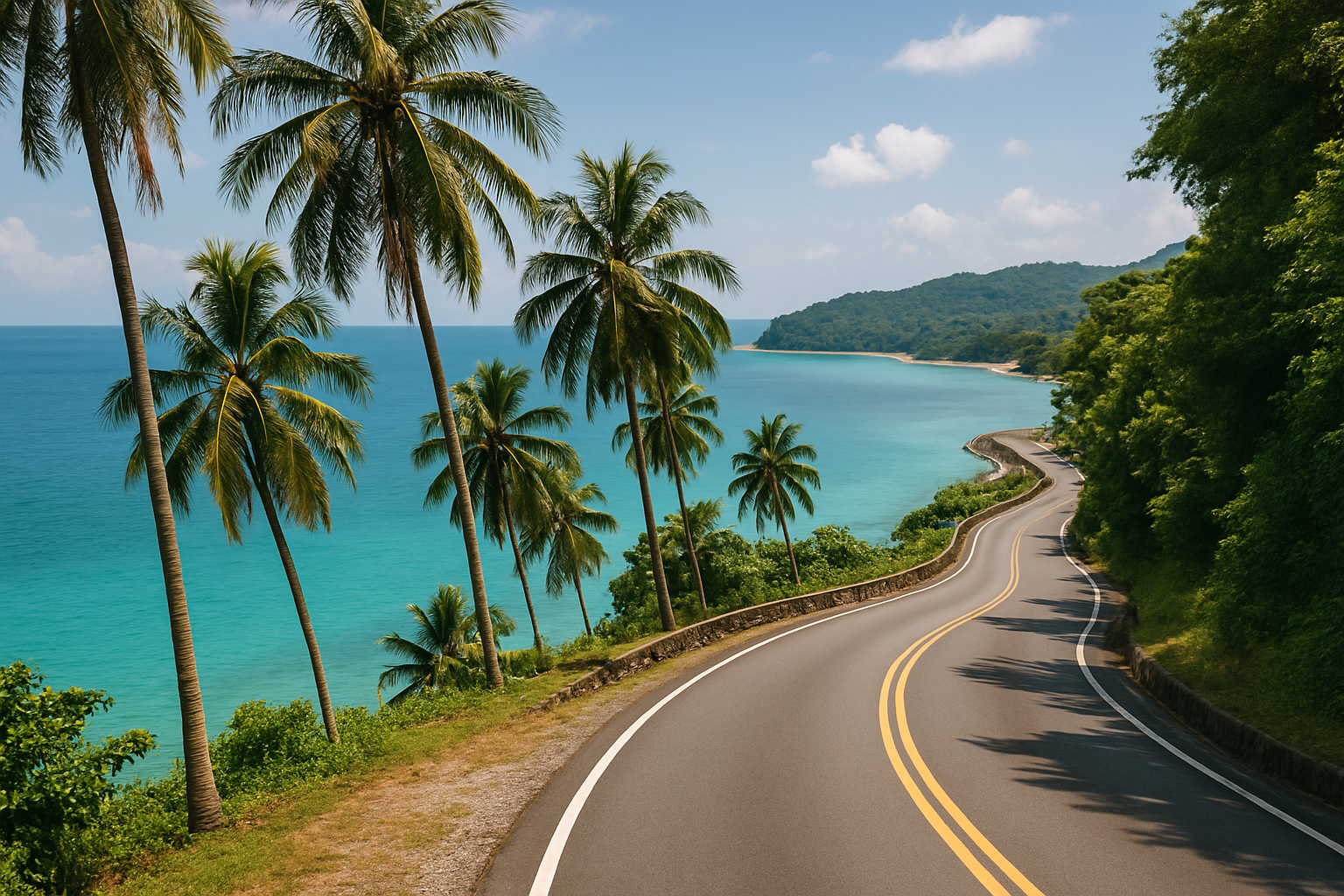 Langkawi island winding coastal road with palm trees and turquoise sea Malaysia