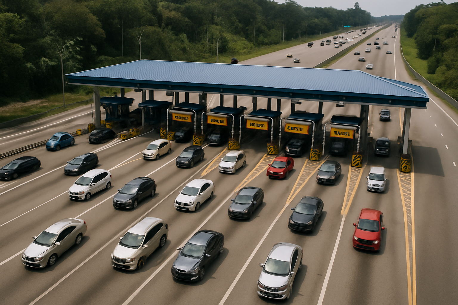 Malaysian highway toll plaza aerial view with cars passing through booths Plus highway