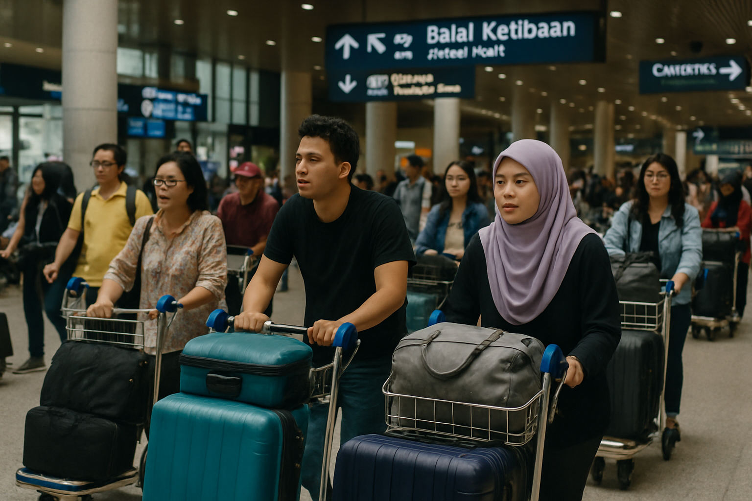 busy arrival hall Malaysian international airport passengers with luggage trolleys