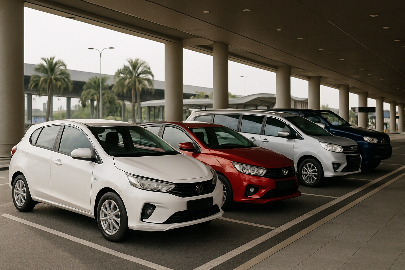 diverse range of modern Malaysian cars parked at airport pickup zone