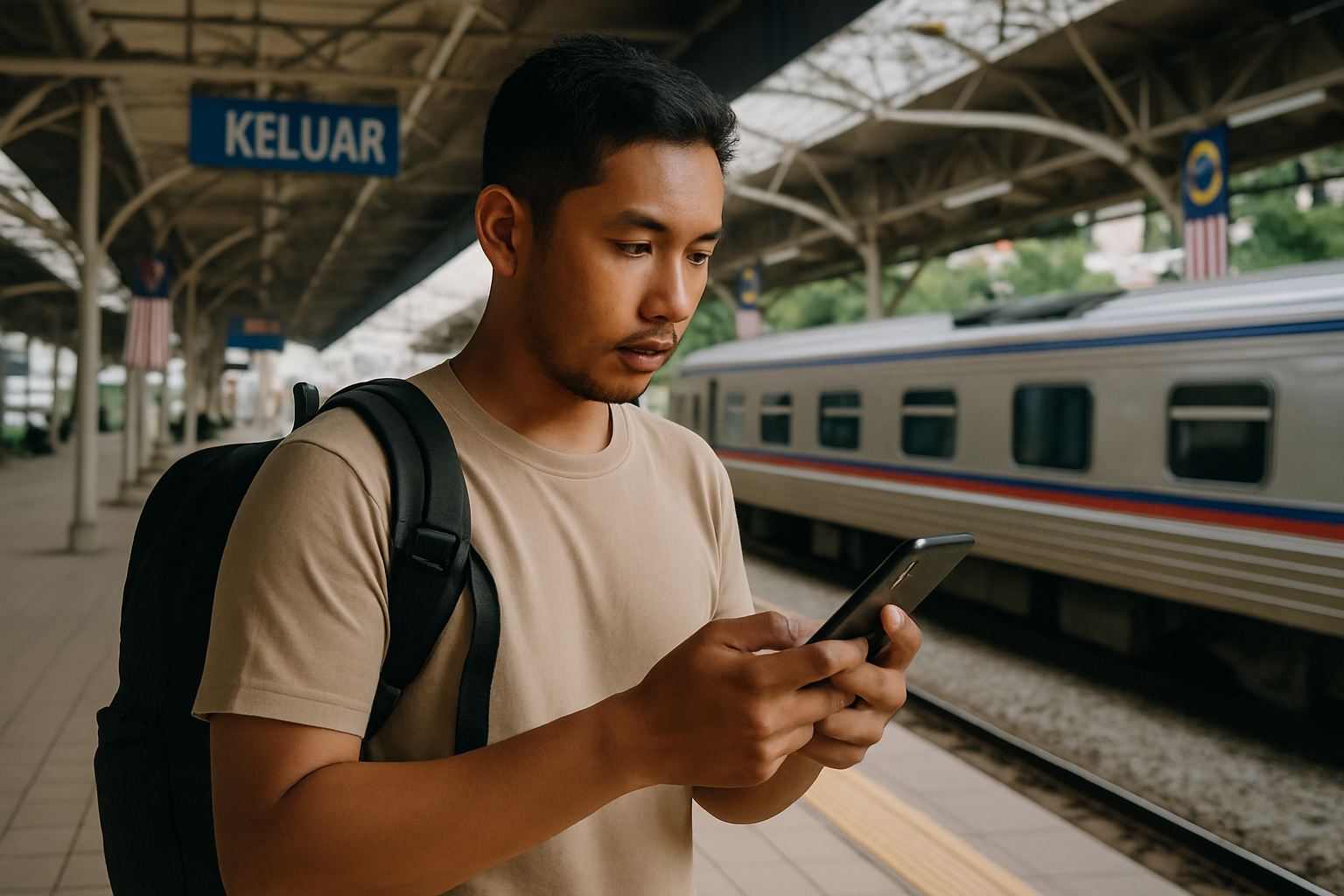 traveller using smartphone to search for car rental at Malaysian train station