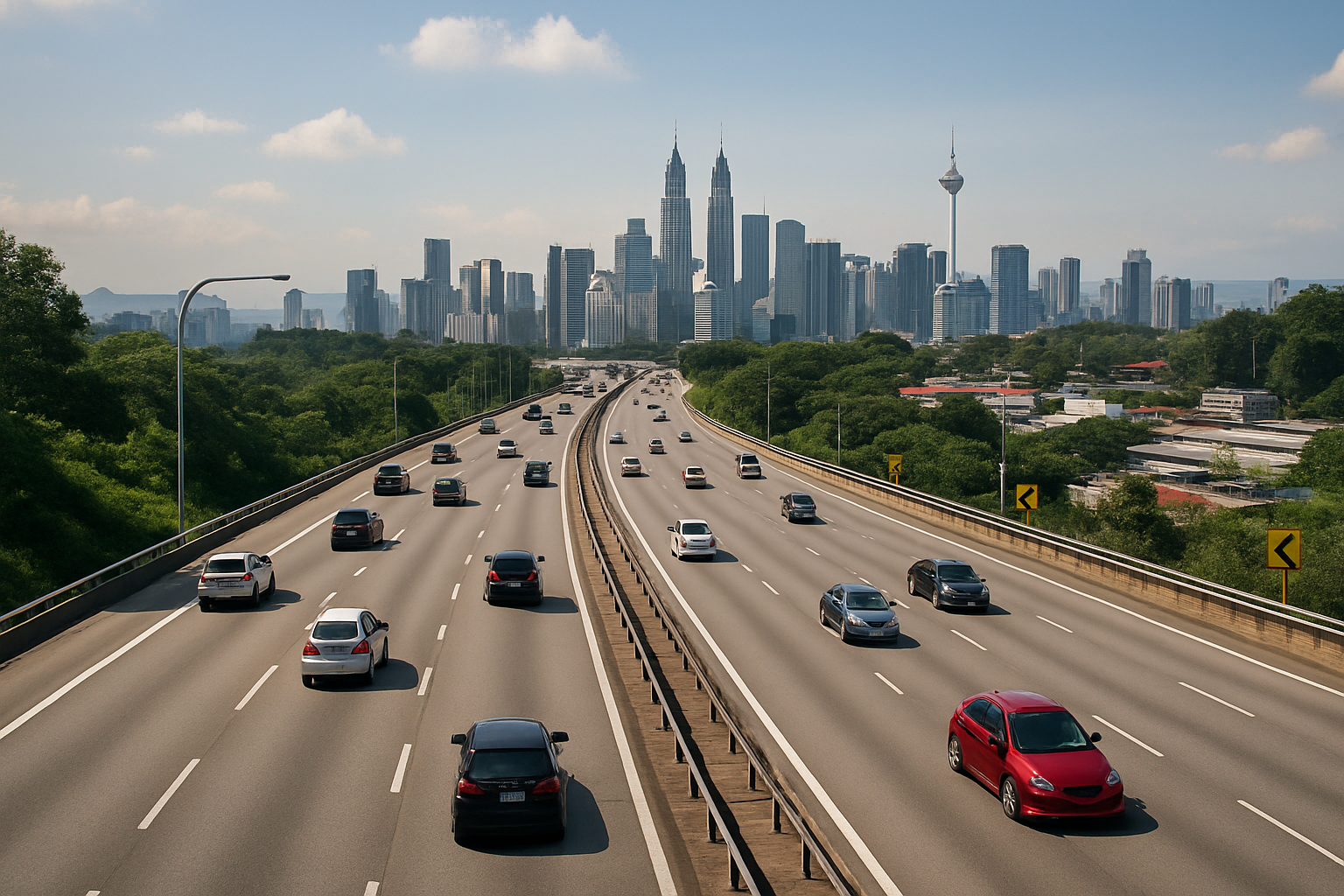 Malaysia highway expressway aerial view Kuala Lumpur skyline distance cars driving blue sky