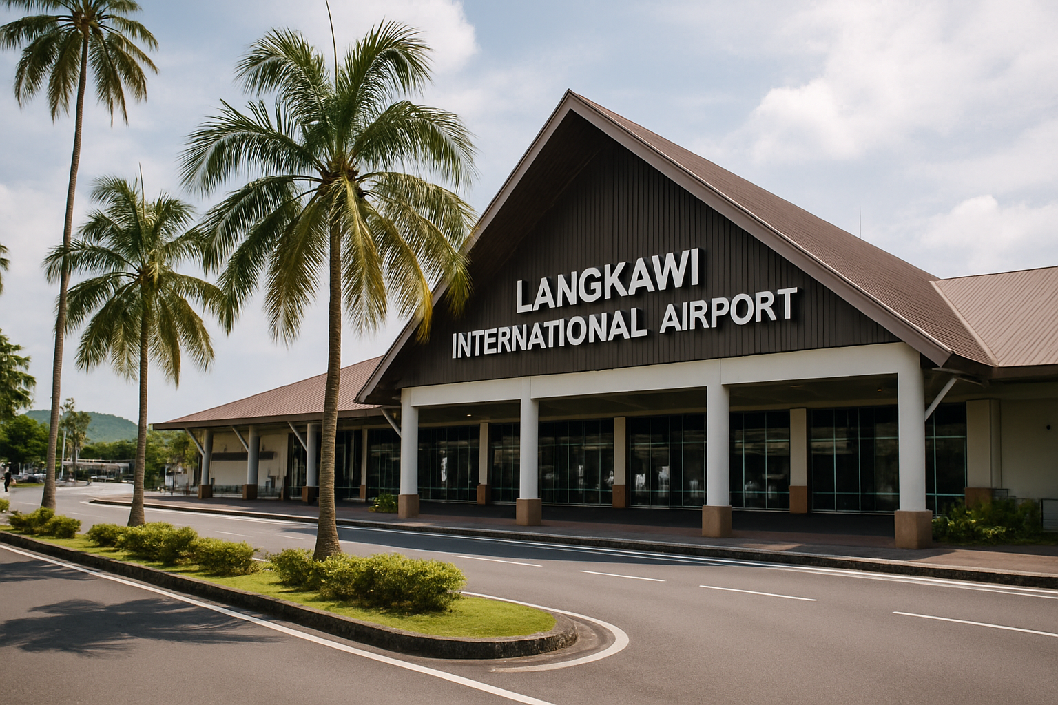 Langkawi International Airport small regional terminal building exterior daytime Malaysia Kedah palm trees
