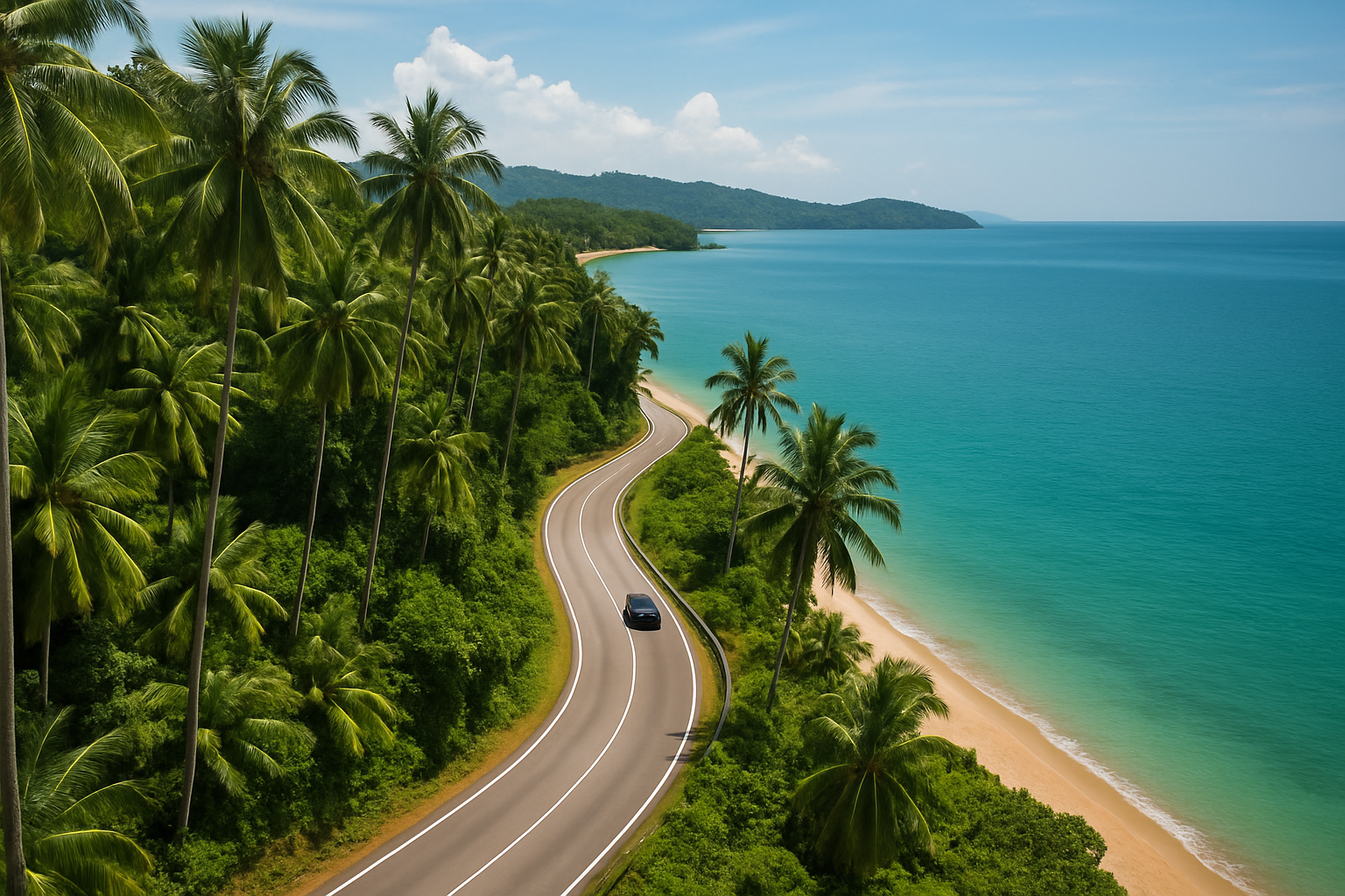Langkawi coastal road winding through palm trees with turquoise sea view aerial Malaysia