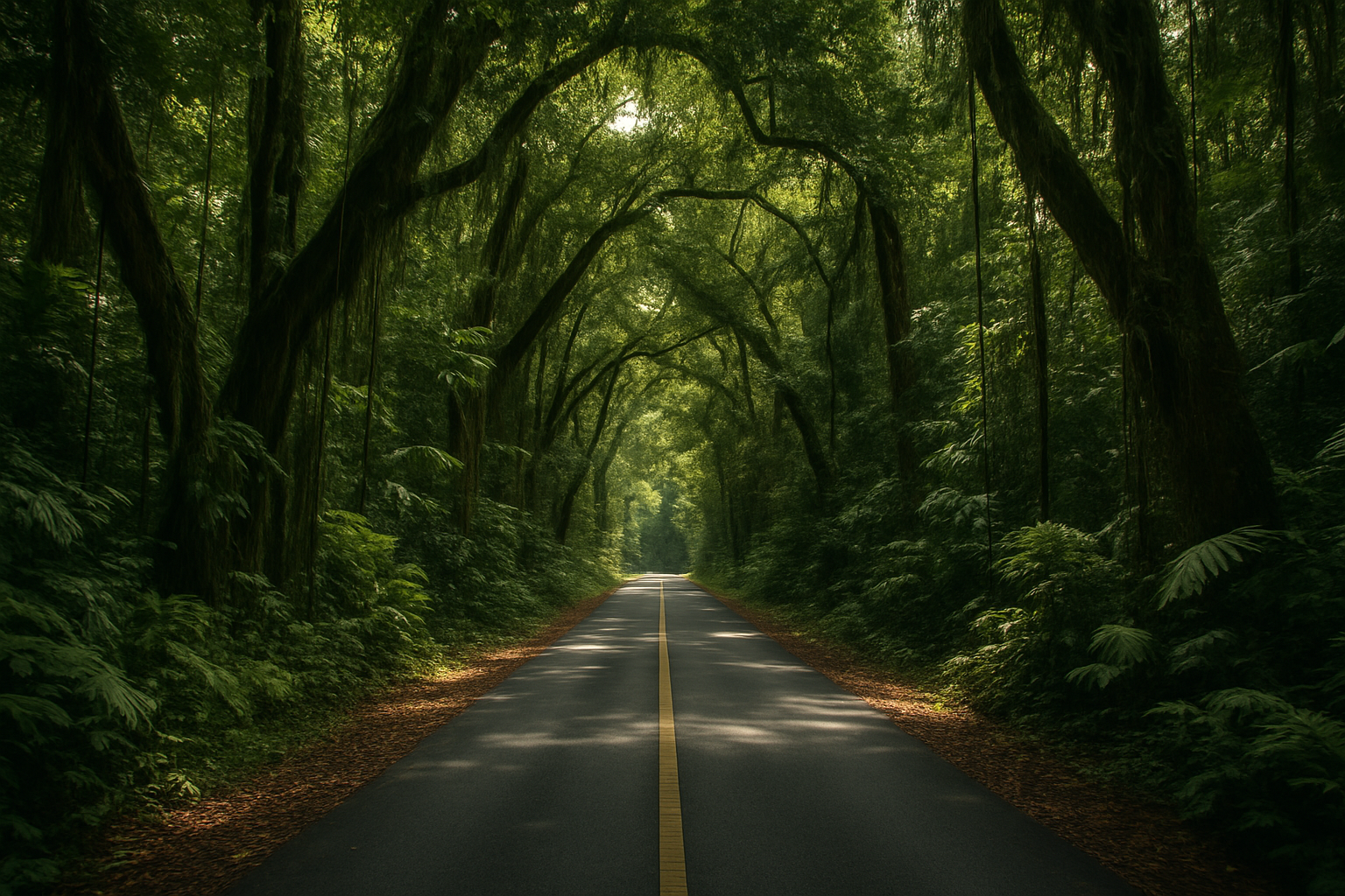 narrow jungle road through ancient rainforest canopy Langkawi dense tropical trees dappled light