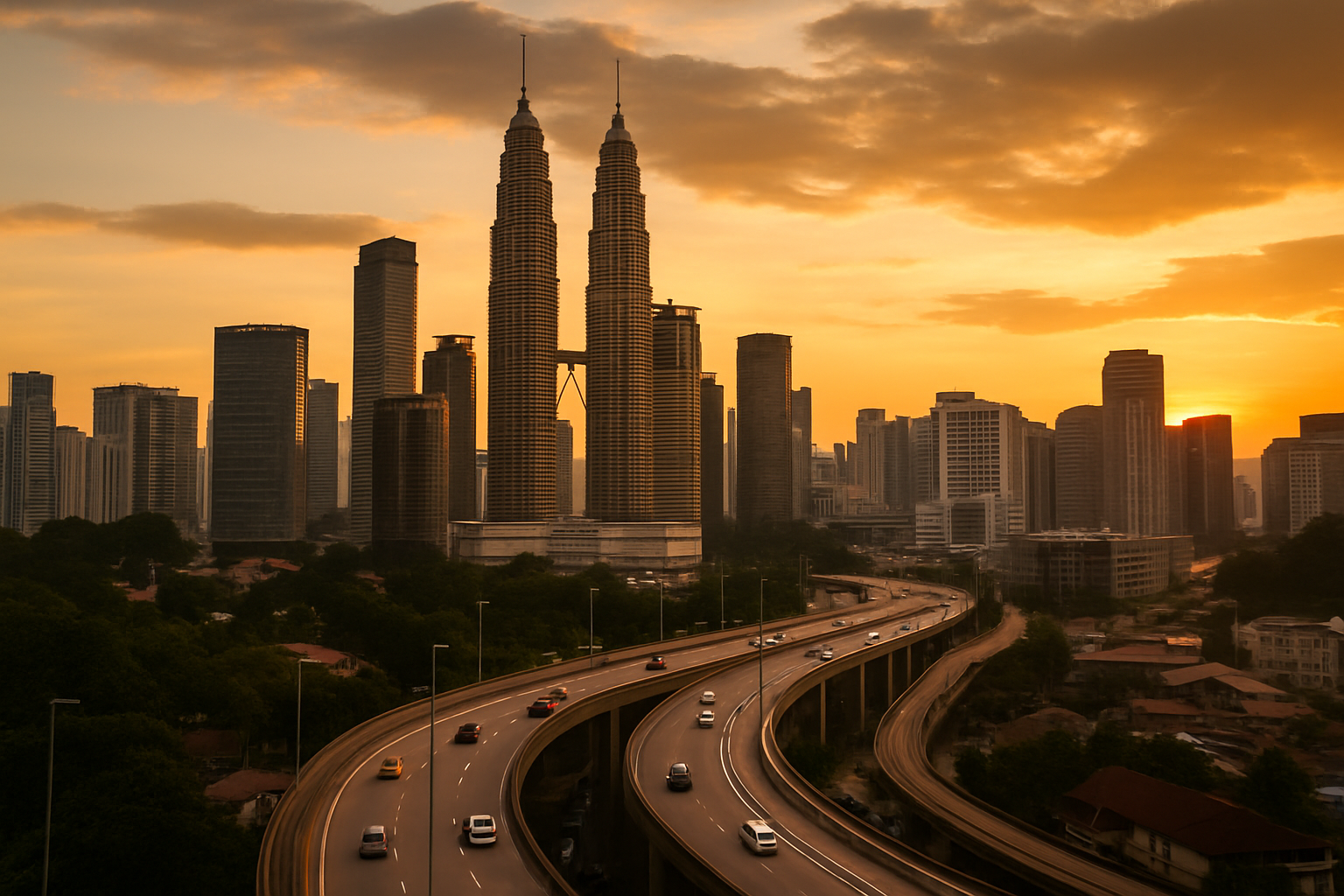 Kuala Lumpur KLCC Petronas Twin Towers skyline golden hour dusk highway Malaysia