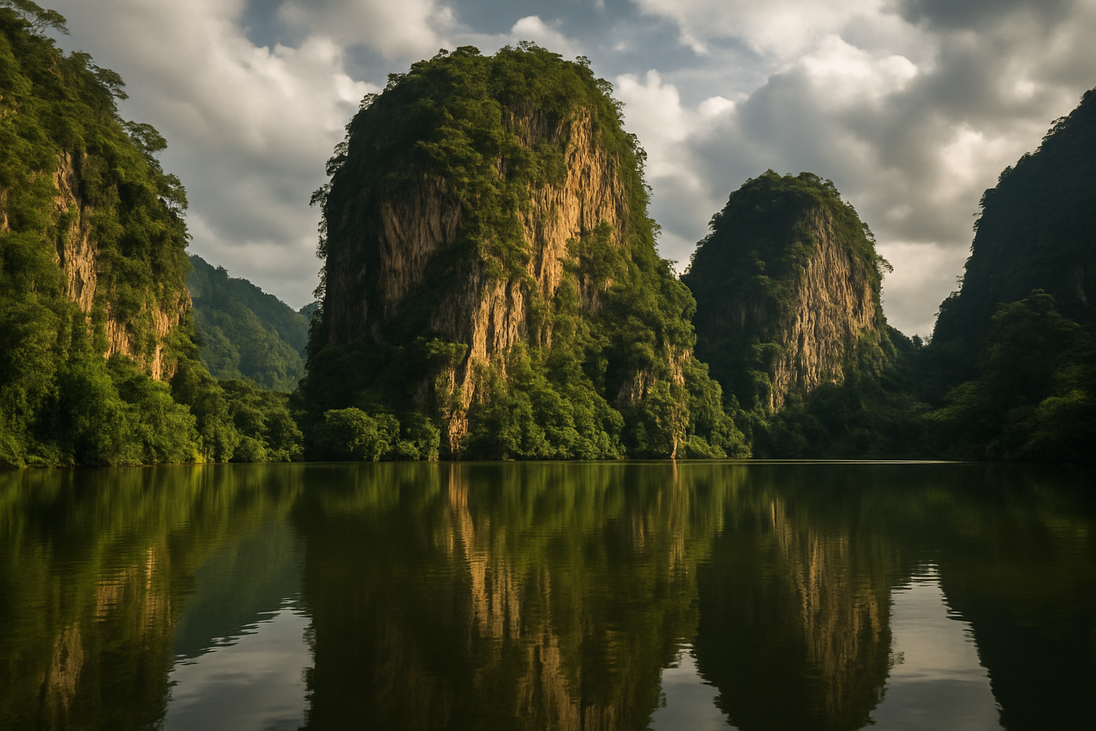 Ipoh limestone karst cliffs towering over still lake Perak Malaysia dramatic scenery
