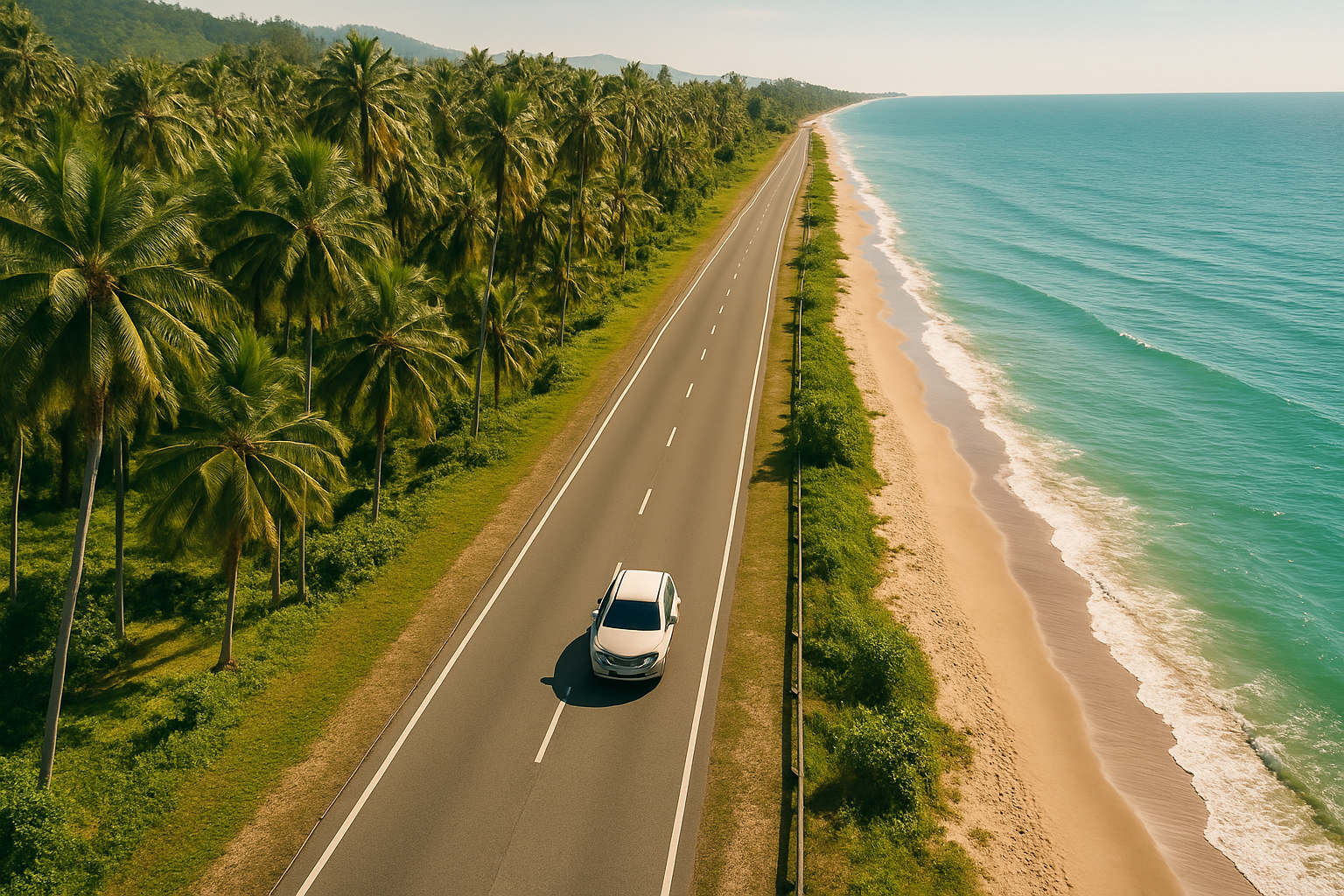 aerial view Malaysia coastal highway palm trees turquoise sea family road trip sunshine