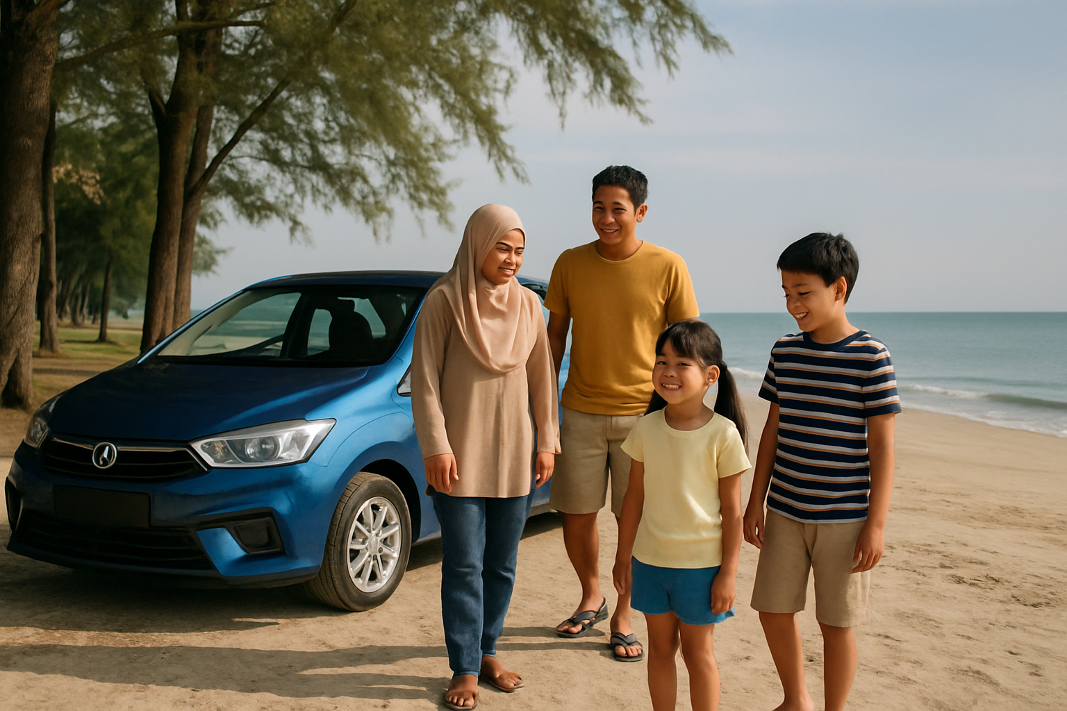 Malaysian family east coast beach calm sea casuarina trees blue sedan school holiday