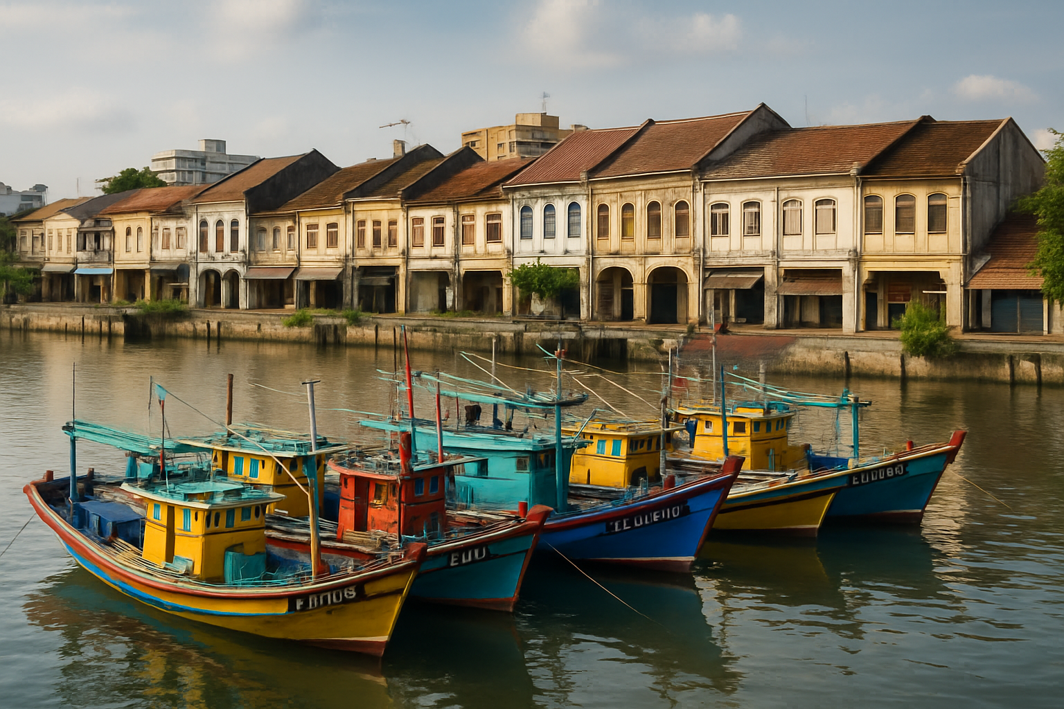 colourful fishing boats river jetty Kuala Terengganu waterfront heritage shophouses