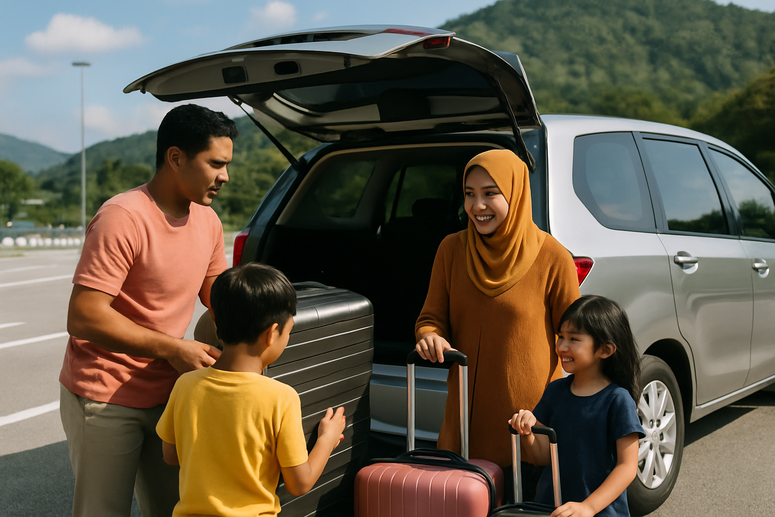 Malaysian family with children loading luggage into MPV at highway rest stop, sunny day, green hills in background
