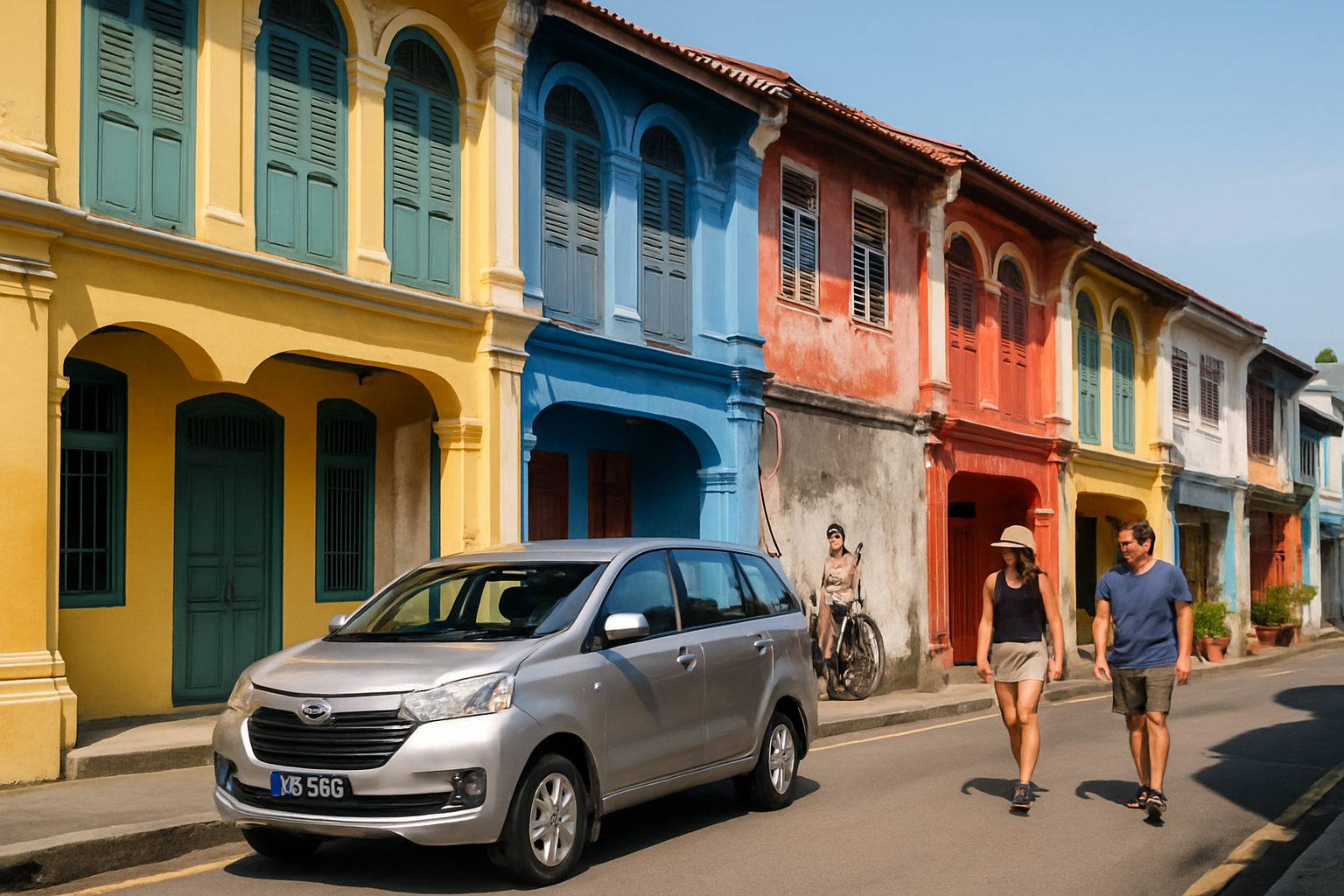 George Town Penang colourful heritage shophouses street art mural, sunny day, tourists walking
