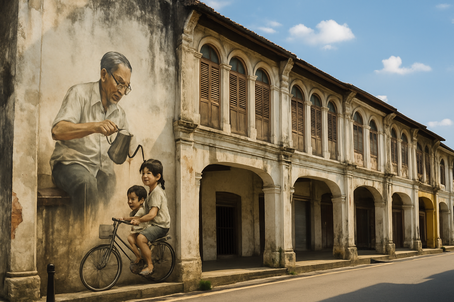 Ipoh Old Town heritage shophouses with street murals, Perak Malaysia, blue sky
