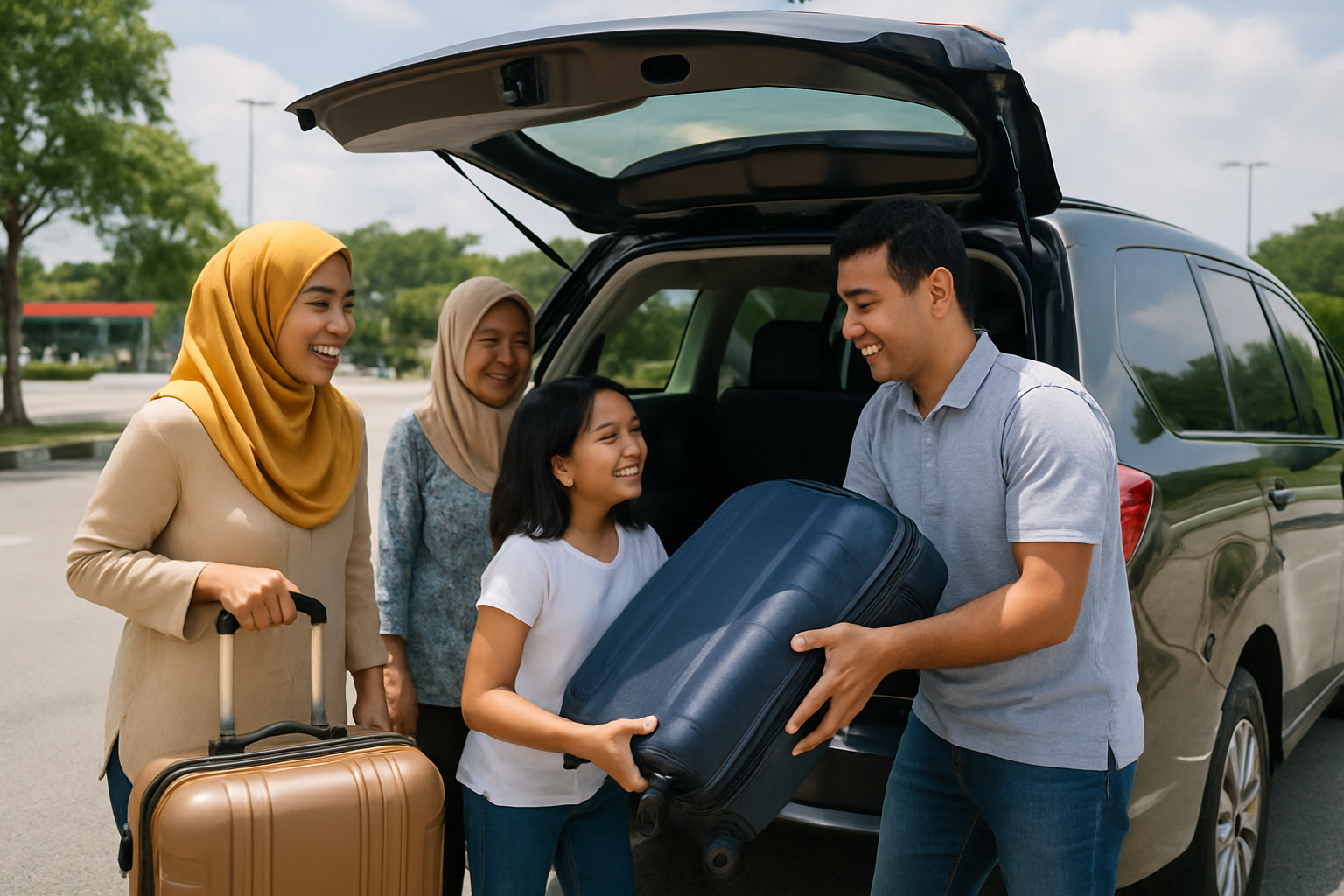 happy Malaysian family loading luggage into large MPV boot at highway rest stop sunny day