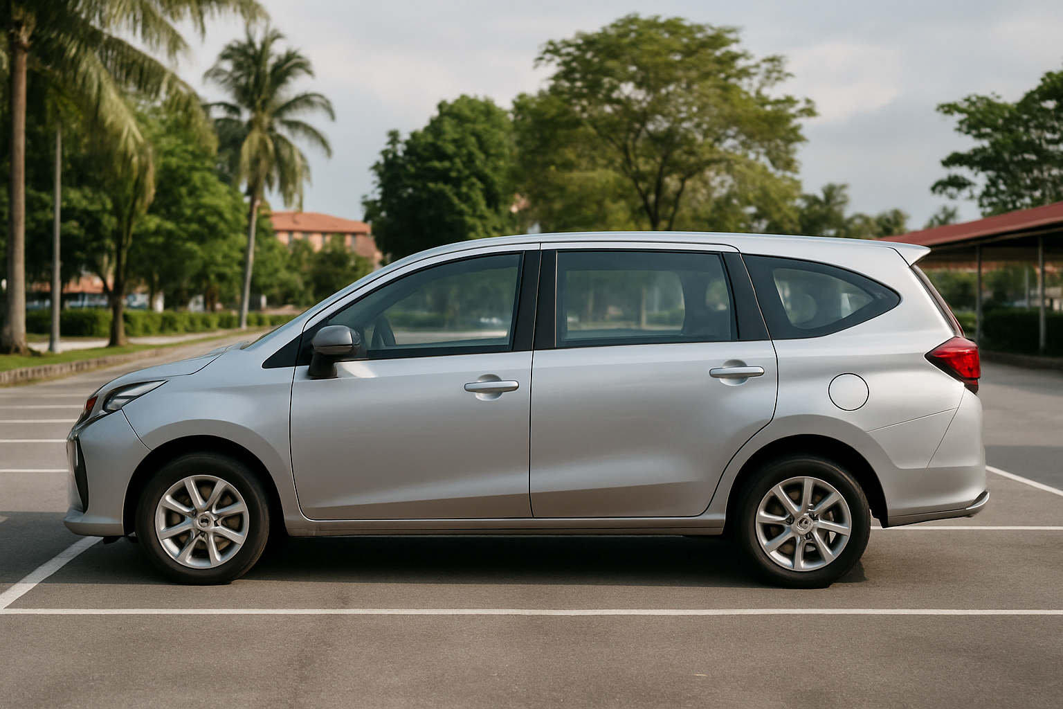 Perodua Alza 2nd generation silver MPV exterior parking lot Malaysia side profile