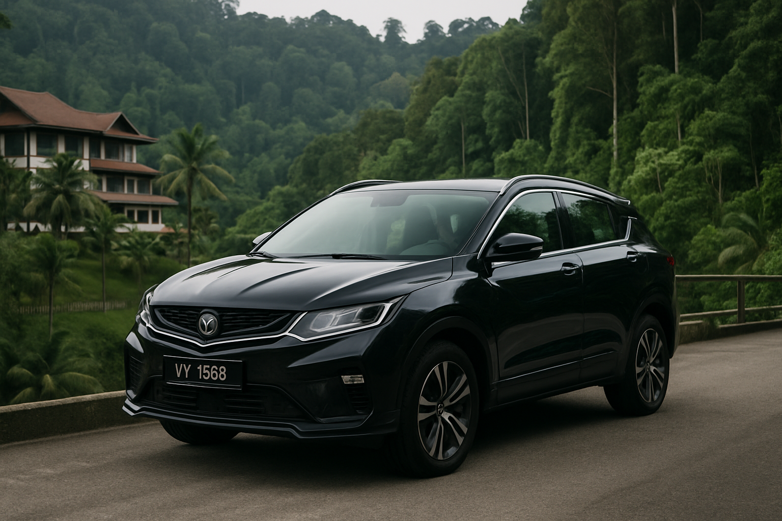 Proton X50 compact SUV parked at Malaysian hill resort with lush green tropical forest background