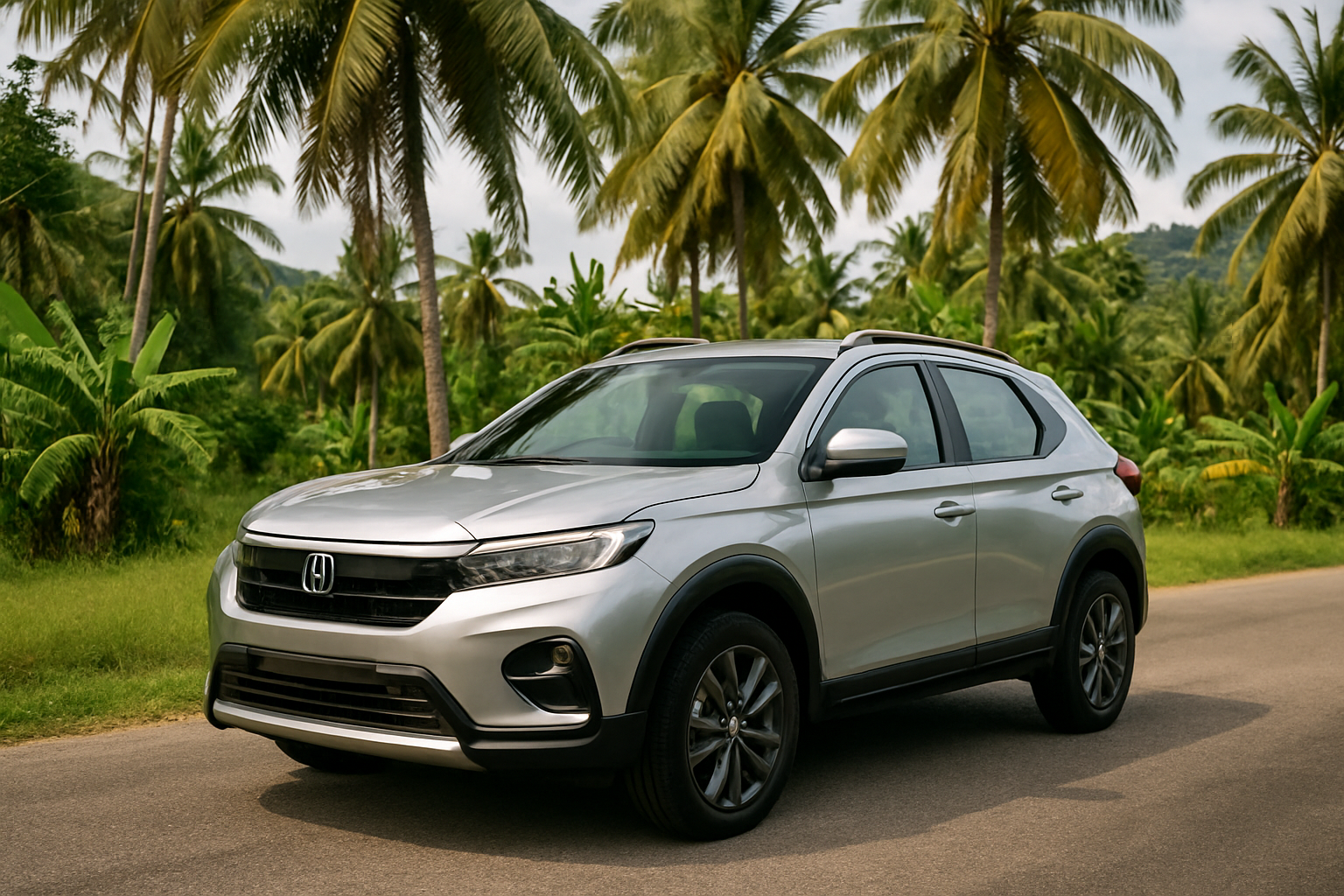 Honda WR-V compact SUV silver exterior parked tropical setting Malaysia