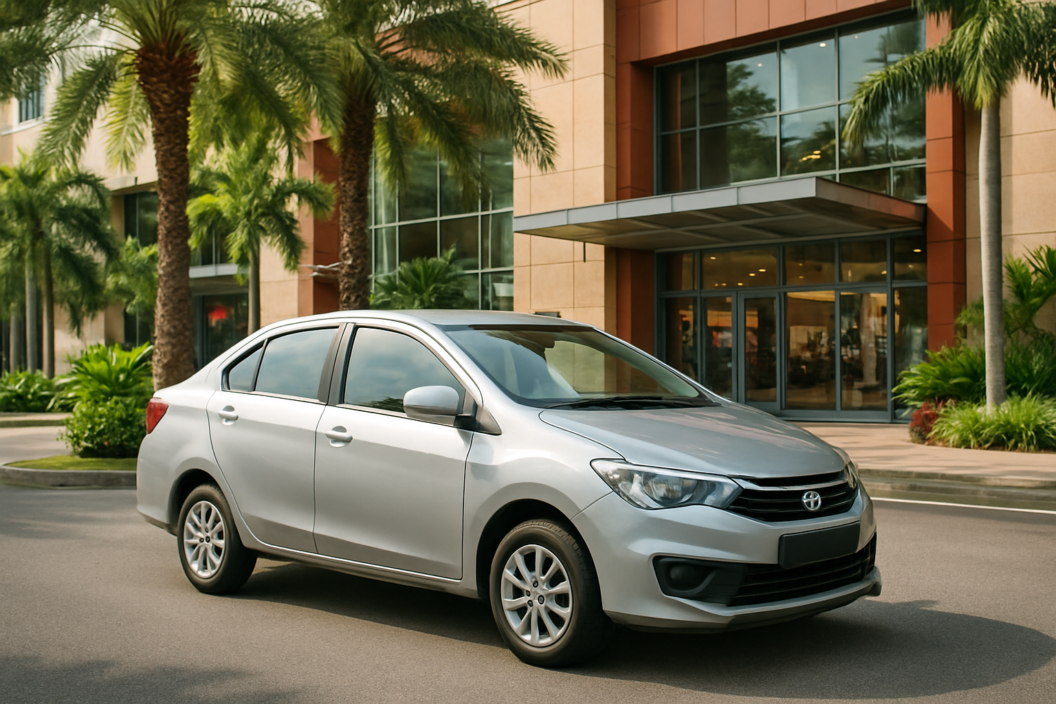 modern Perodua Bezza silver sedan parked outside Malaysian shopping mall tropical setting daytime