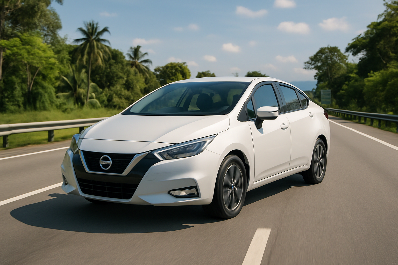 Nissan Almera N18 Turbo white sedan Malaysian highway road trip sunny day