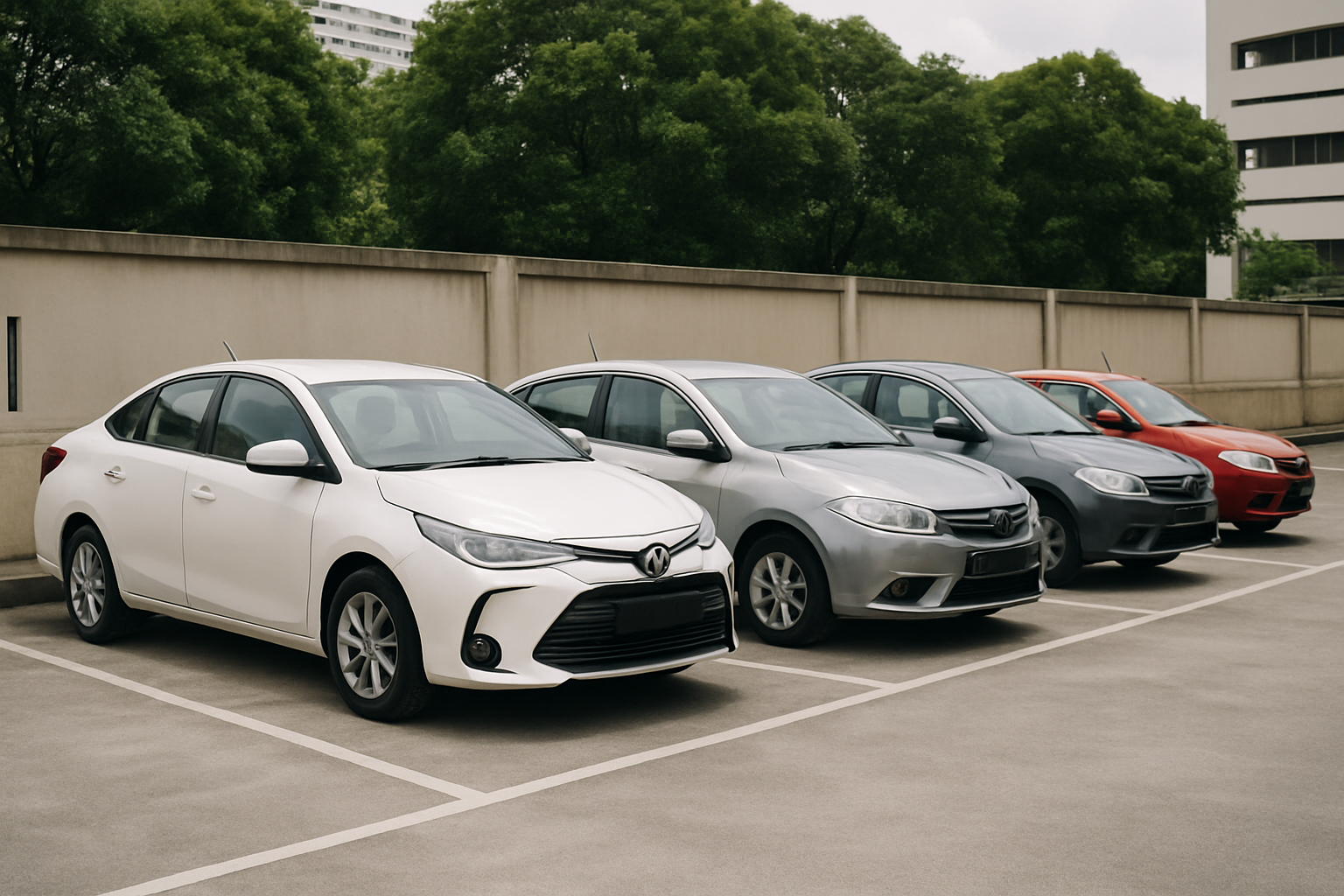 four budget sedan cars parked in a row Malaysian car park clean neutral setting