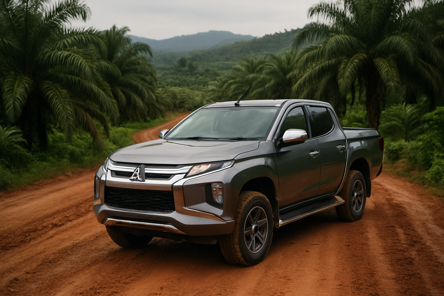 Mitsubishi Triton pickup truck red dirt track jungle Borneo Malaysia palm oil plantation