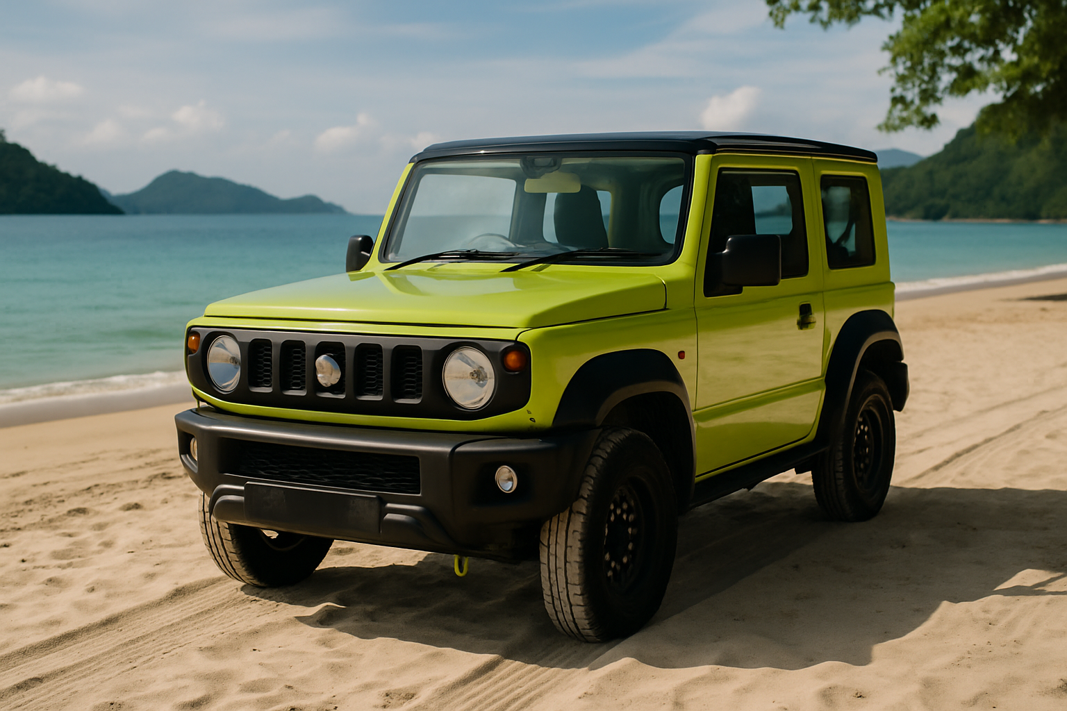 Suzuki Jimny 4x4 off-road beach sand Langkawi island Malaysia blue sea