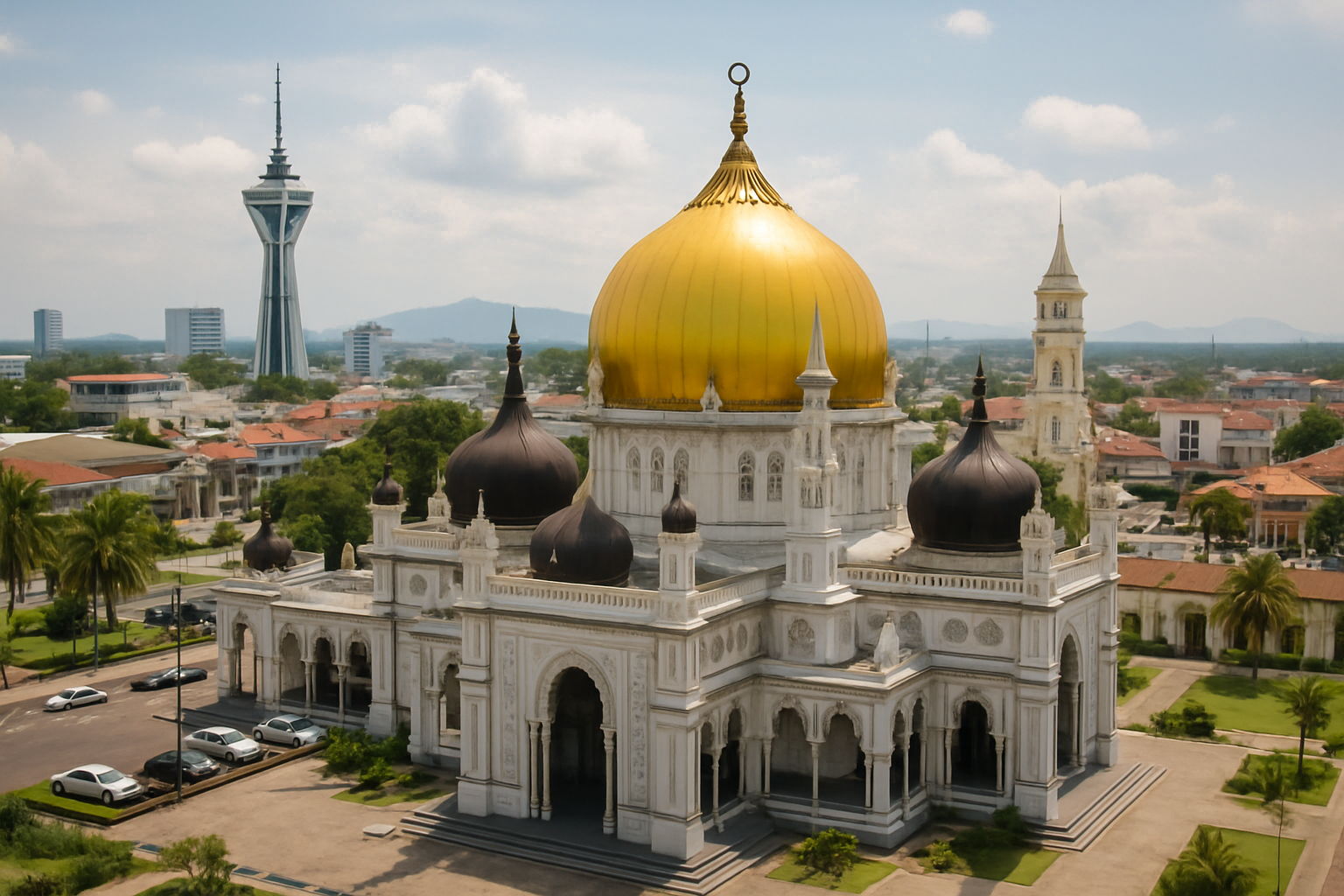 Alor Setar Zahir Mosque golden dome royal city skyline Kedah Malaysia daytime