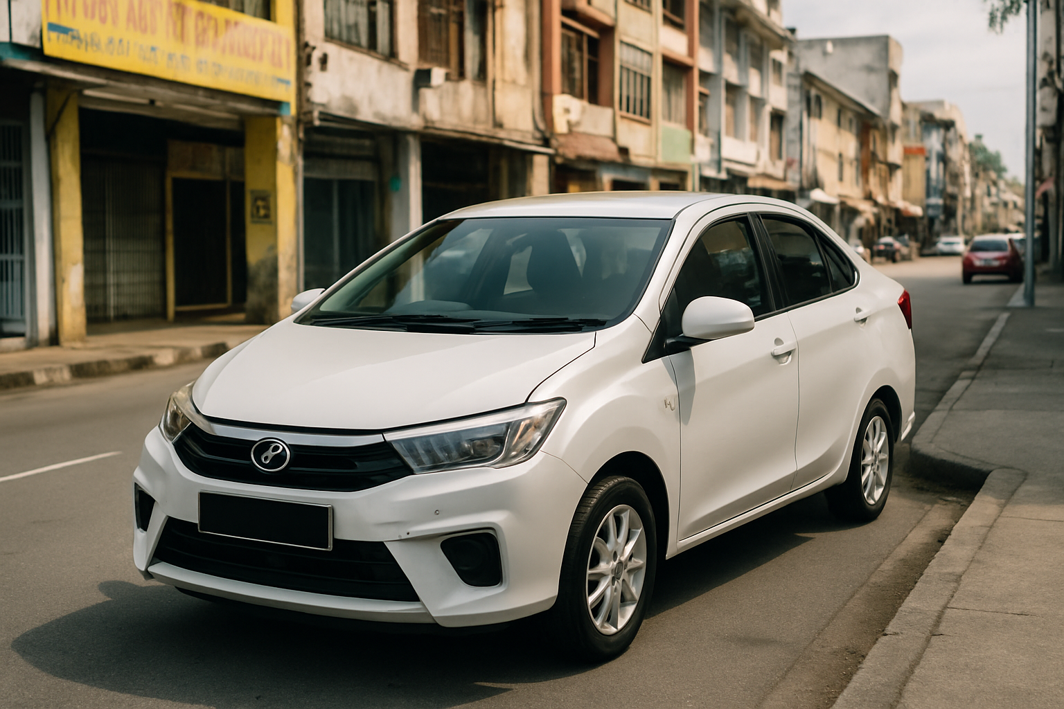 Perodua Bezza white sedan parked Malaysia city street urban