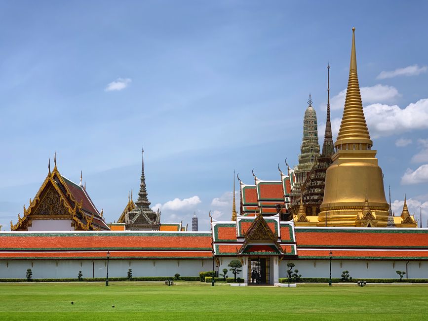 Bangkok expressway elevated highway aerial view golden pagoda Wat Phra Kaew Thailand capital city