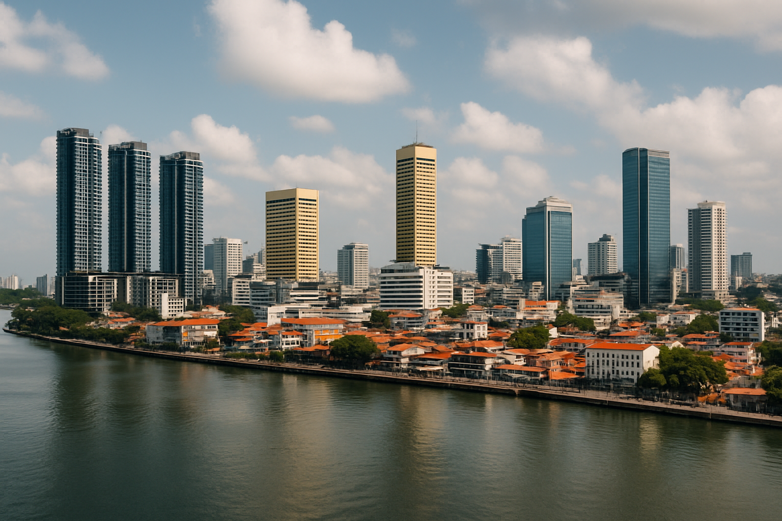 Johor Bahru city waterfront skyline daytime panoramic view from Straits of Johor Malaysia