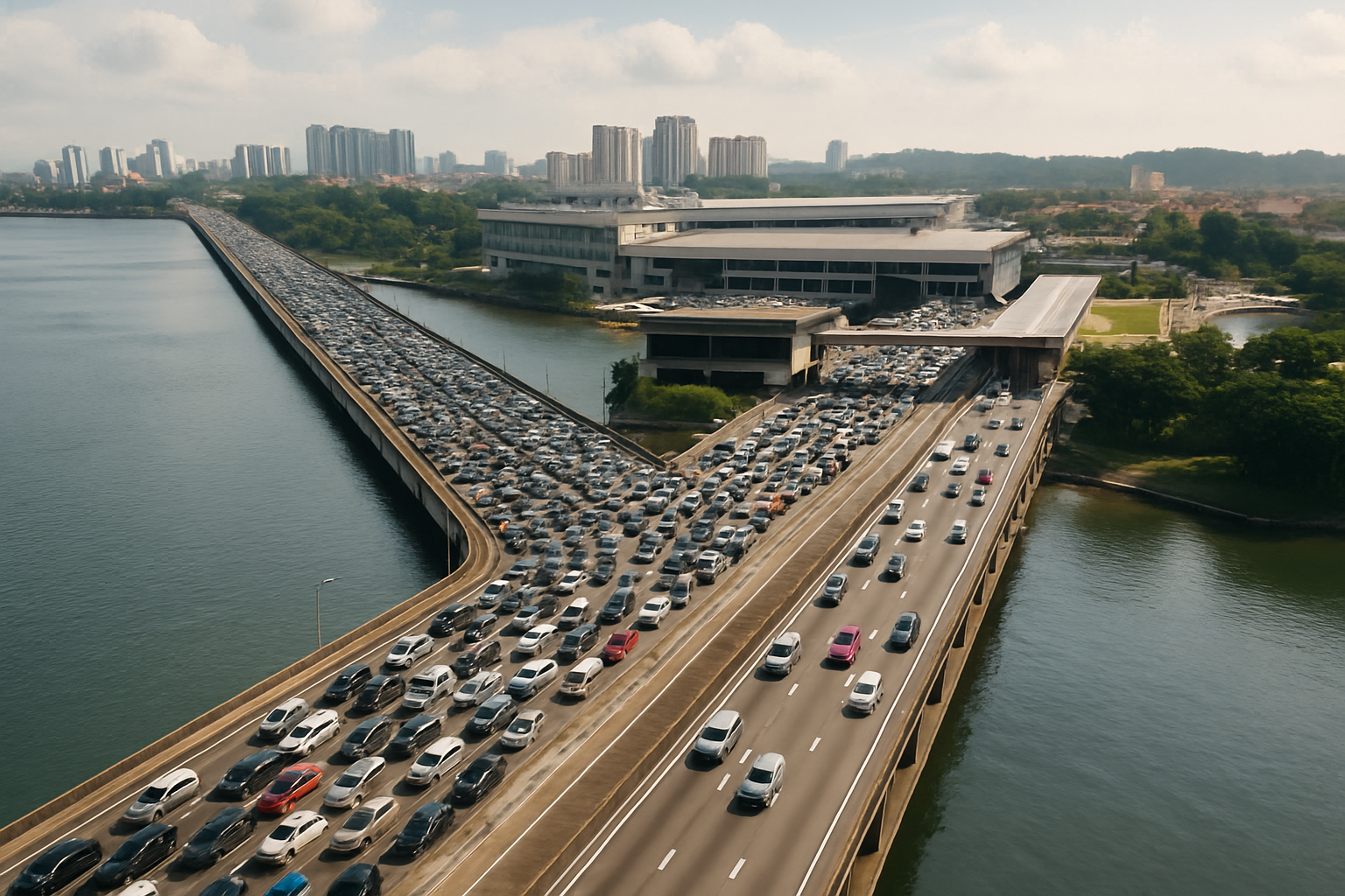 Johor-Singapore Causeway aerial view Woodlands checkpoint traffic Malaysia border crossing