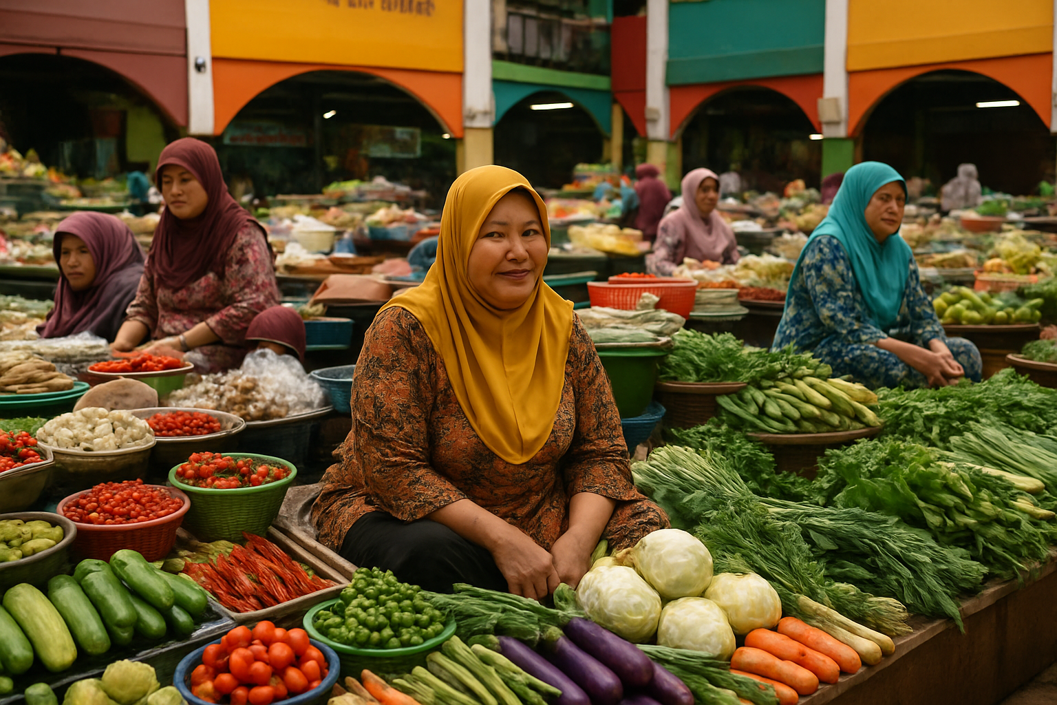 Pasar Besar Siti Khadijah Kota Bharu colourful market women traders Kelantan Malaysia