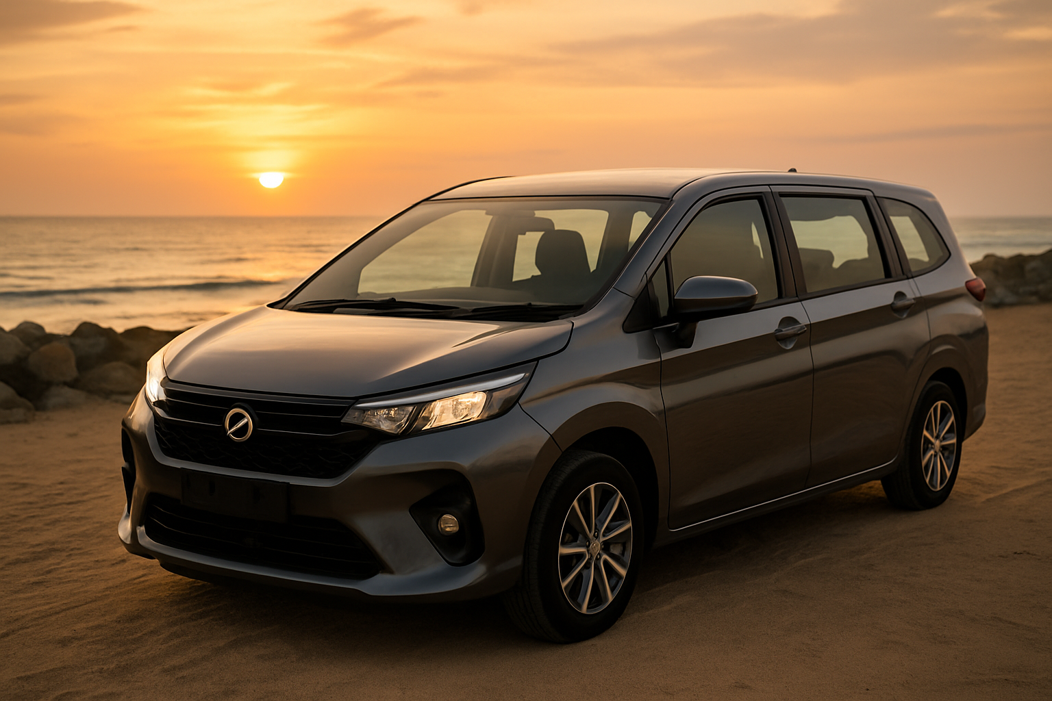 Perodua Alza MPV parked Pantai Cahaya Bulan PCB beach Kota Bharu Kelantan sunset