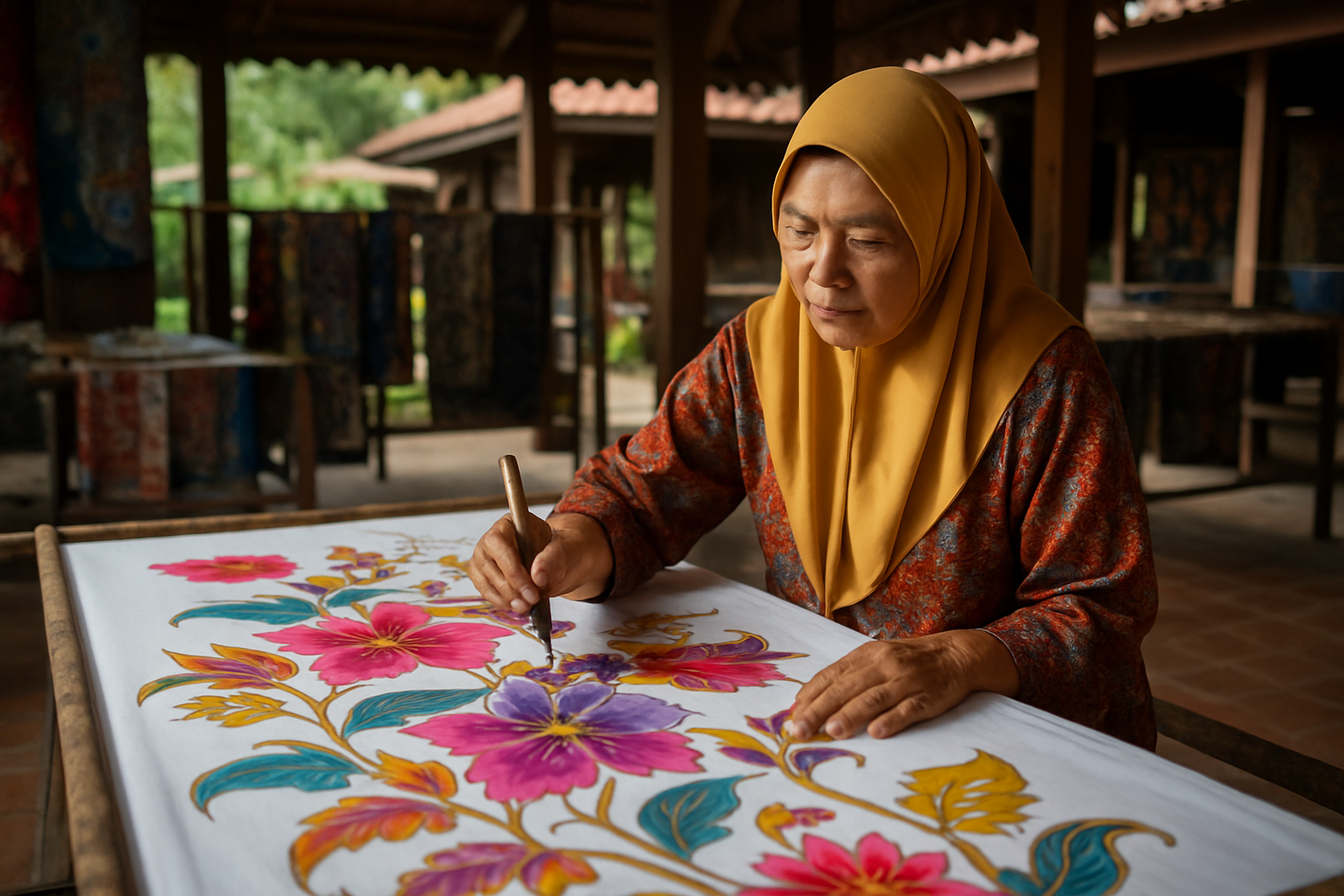 batik artisan painting fabric workshop Kelantan Malaysia traditional craft