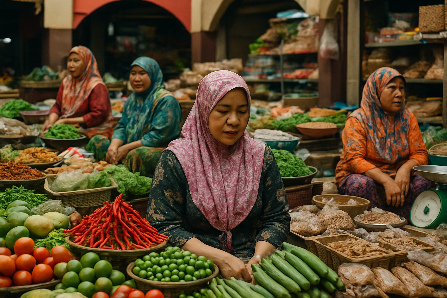 Pasar Siti Khadijah Kota Bharu colourful women traders batik headscarves Kelantan market stalls Malaysia