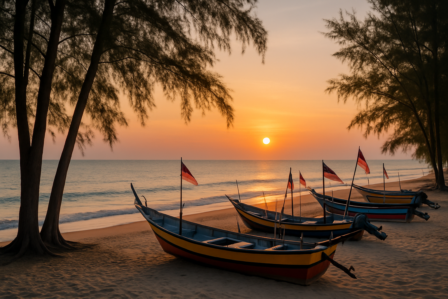 Pantai iRama Kelantan beach fishing boats casuarina trees South China Sea sunset Malaysia